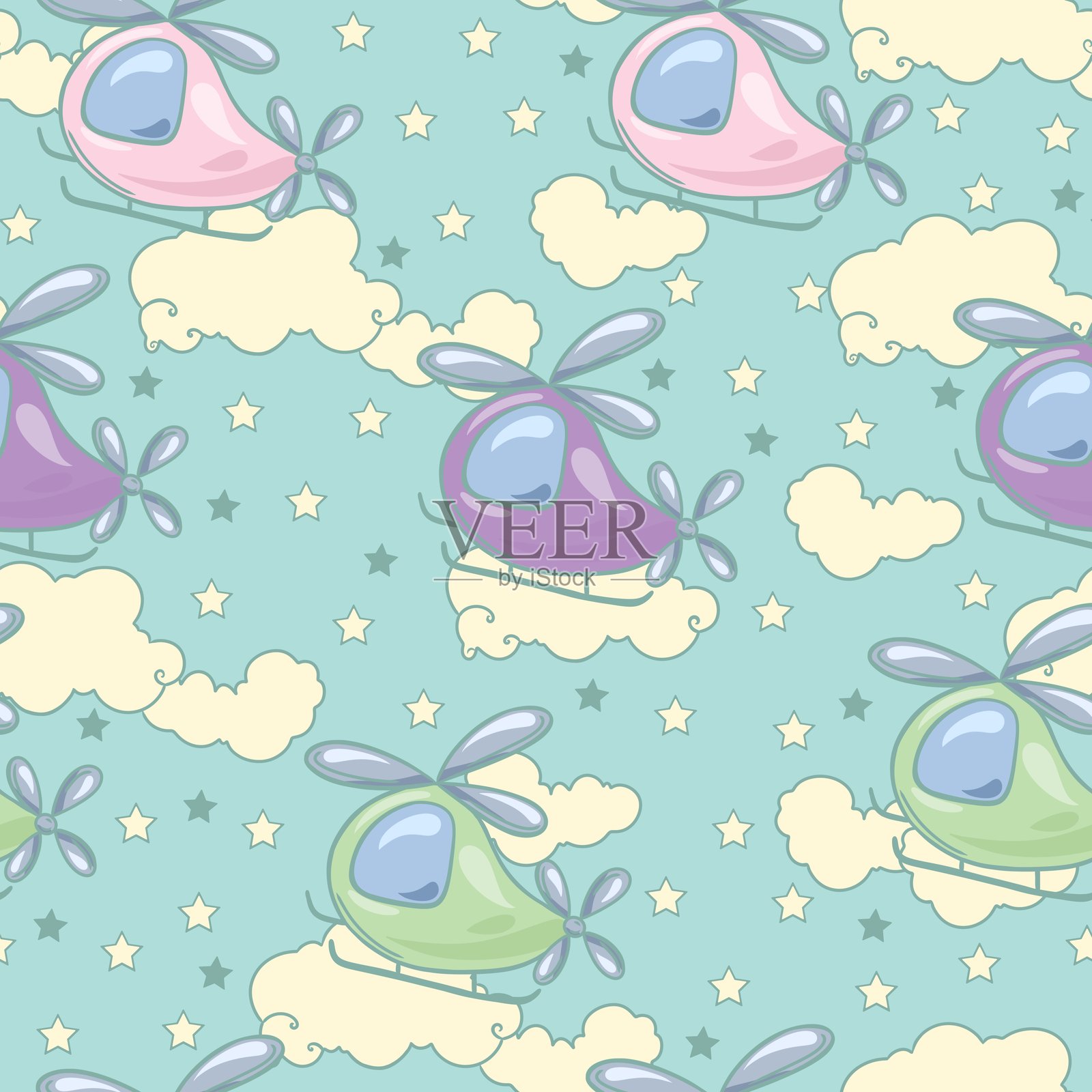 粉彩色飞机和云朵图案设计插画图片素材