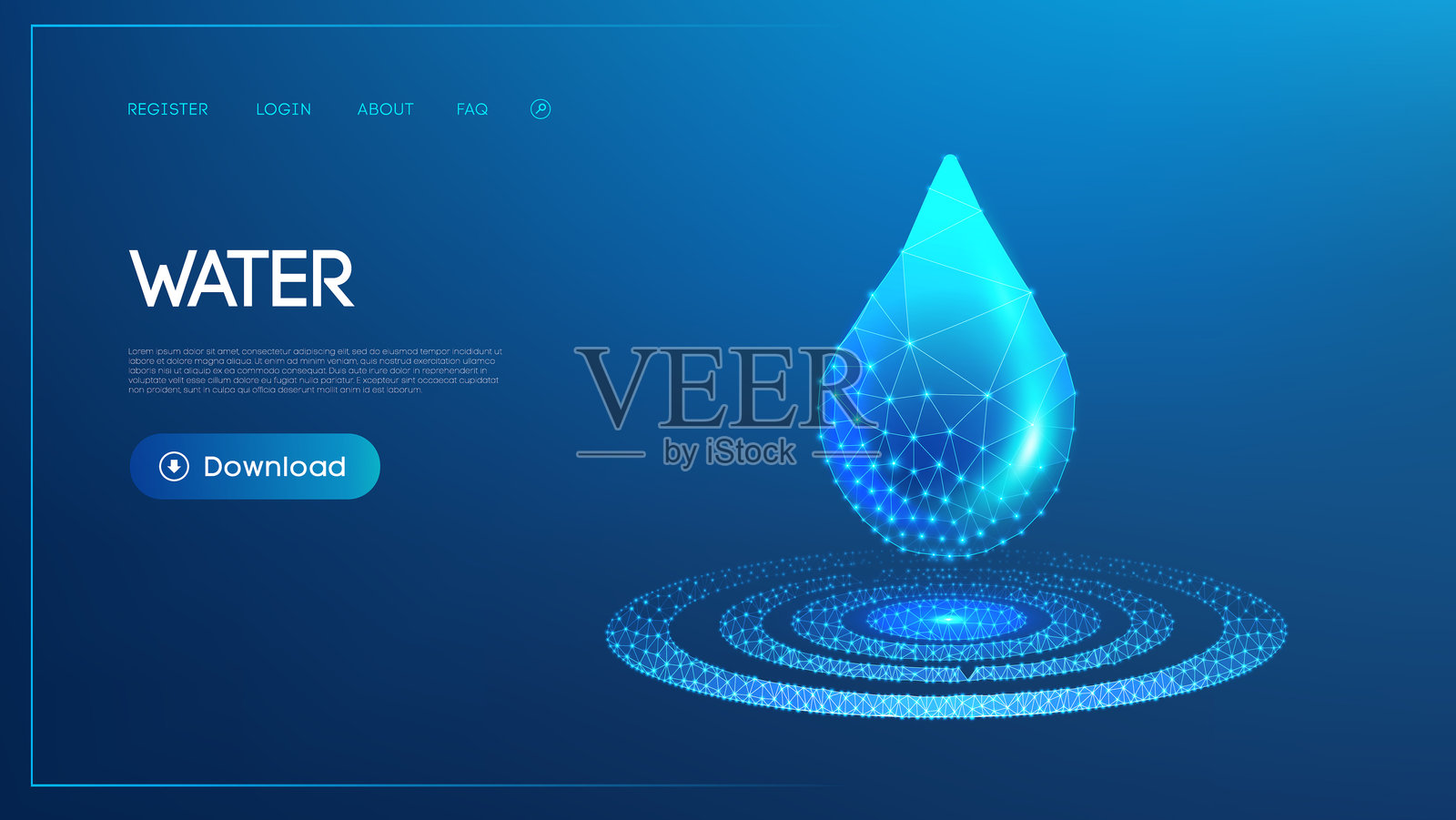 数字水滴，带有发光的多边形图案和蓝色调，适用于水资源保护或数字科技主题插画图片素材