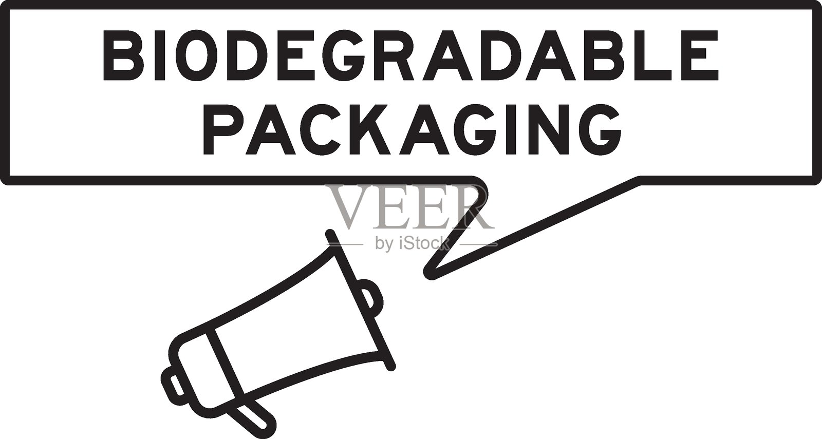 带有演讲气泡的扩音器图标，印有“可生物降解包装”字样，背景为白色插画图片素材