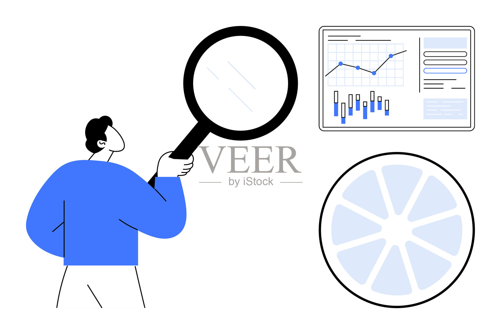 商业分析概念：一个人用放大镜检查屏幕上的增长数据和趋势插画图片素材