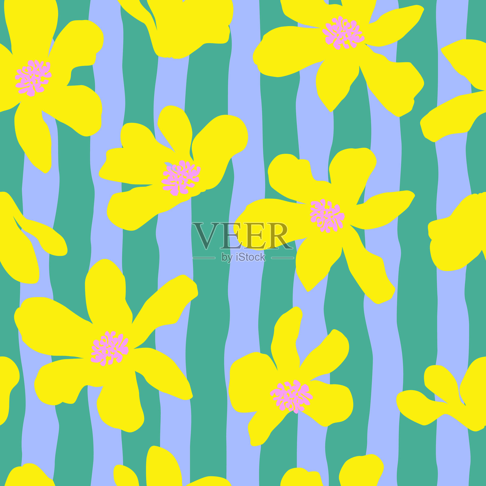 时尚的花卉无缝图案与垂直条纹相结合。现代花卉印花设计适用于面料、纺织品、服装、包装、封面、横幅、家居装饰和背景。矢量插图。插画图片素材