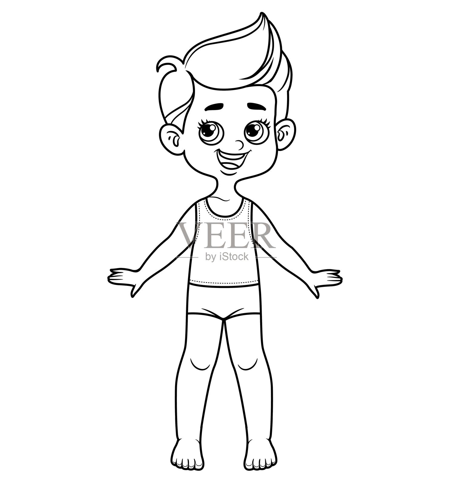 可爱的卡通男孩，头顶有一撮头发，穿着内裤，赤脚，轮廓适合在白色背景上涂色。插画图片素材