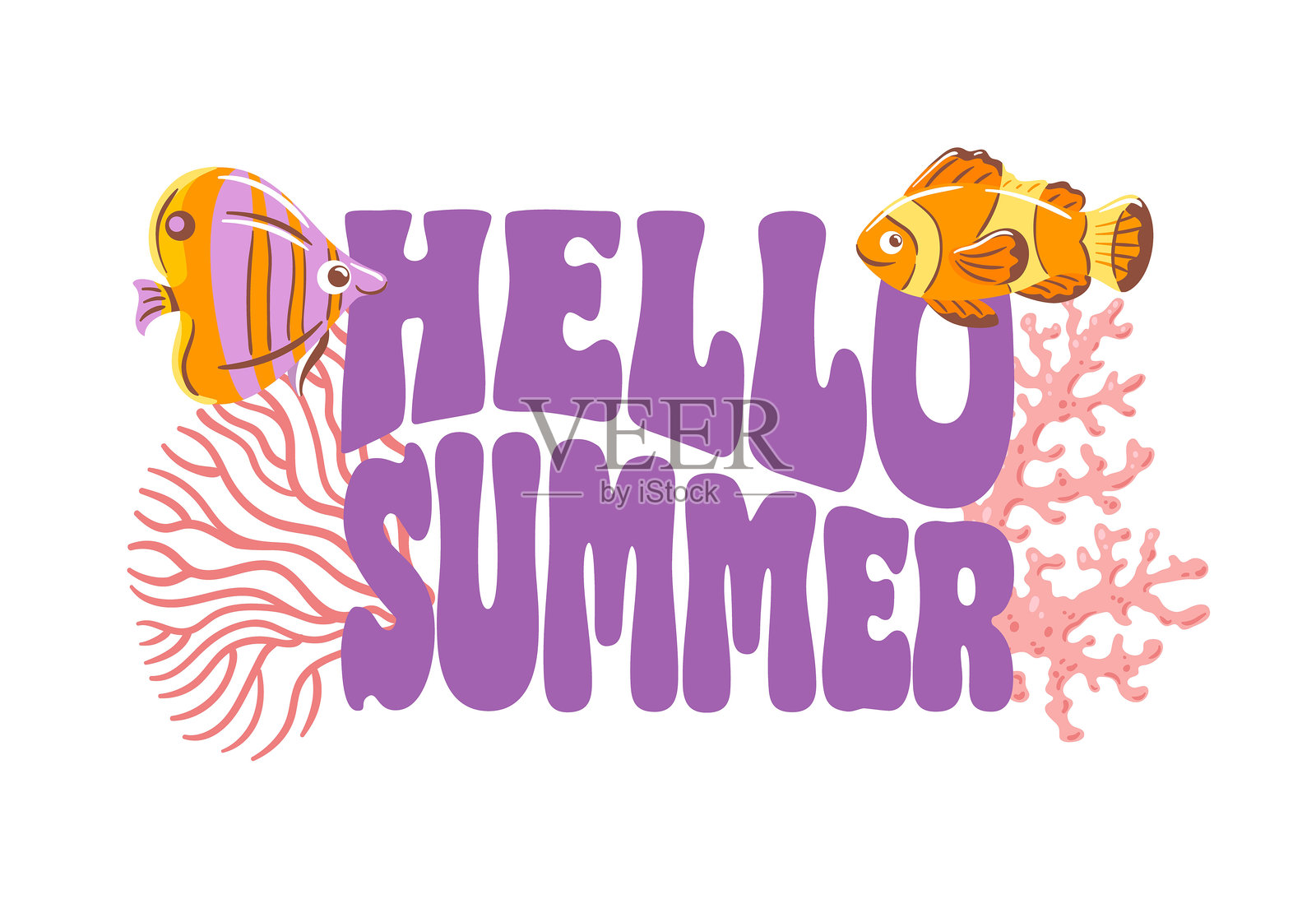 一幅生动的矢量插图，展示了五彩斑斓的珊瑚礁和活泼的鱼群，配有时尚的字母，捕捉了夏天的精髓。这个设计体现了海洋生活和热带冒险的快乐。插画图片素材