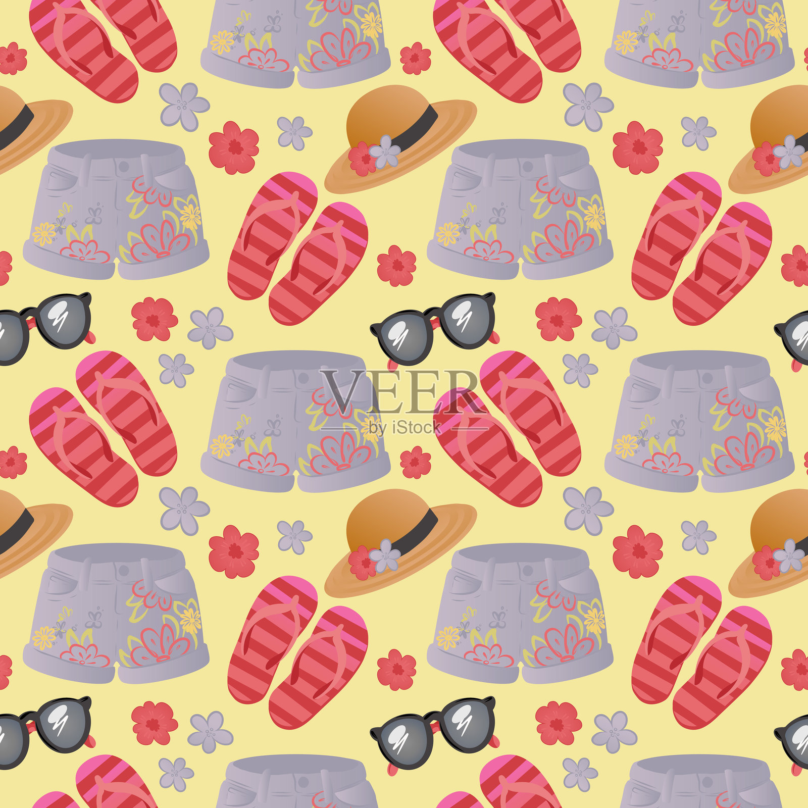 无缝夏季图案，包含短裤、拖鞋、太阳镜、帽子和花朵。色彩缤纷的假日服装和沙滩服饰插图，适用于包装纸、面料、纺织品和儿童用品。插画图片素材