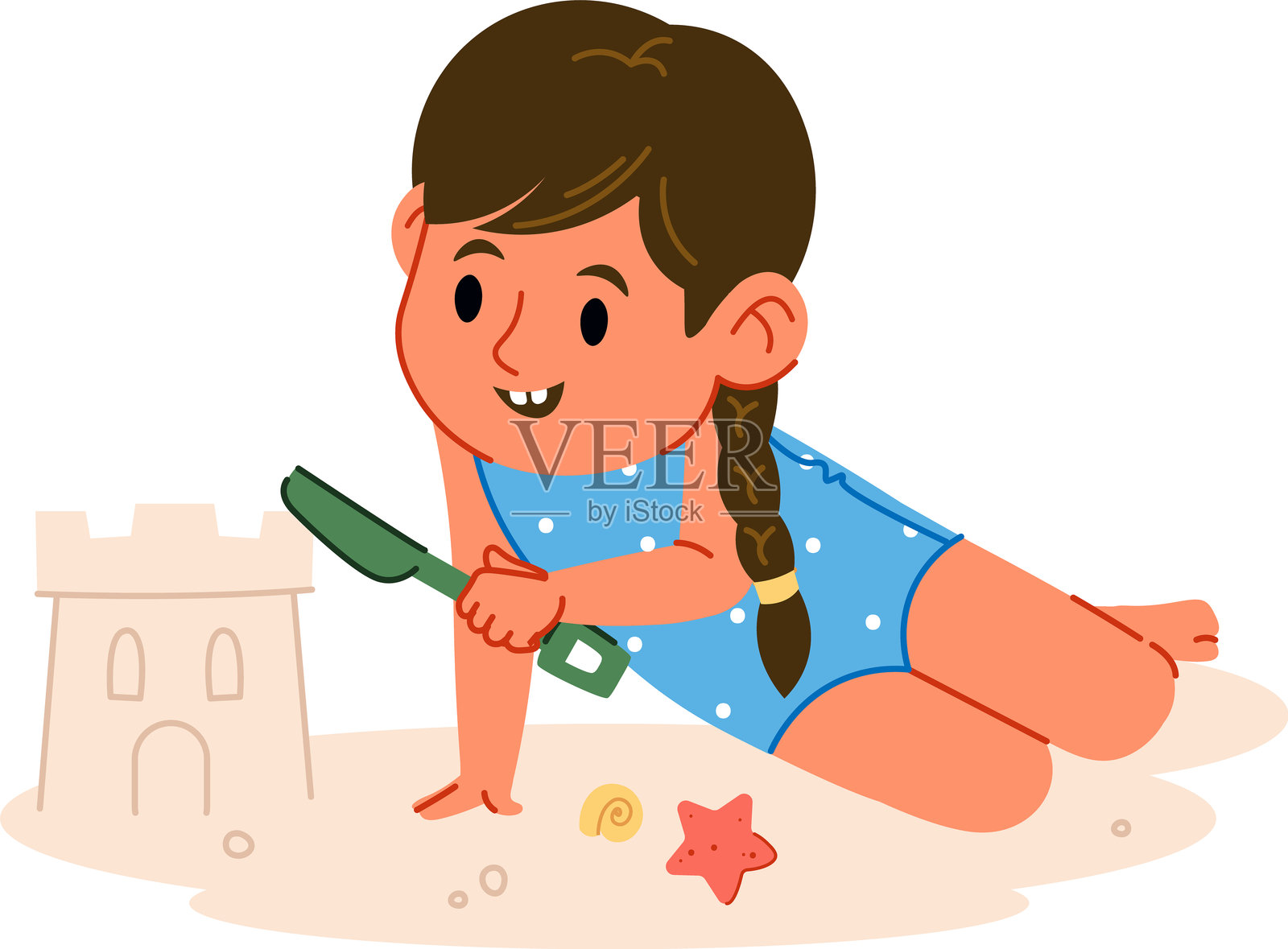 快乐的孩子们在海滩沙滩上玩耍插画图片素材