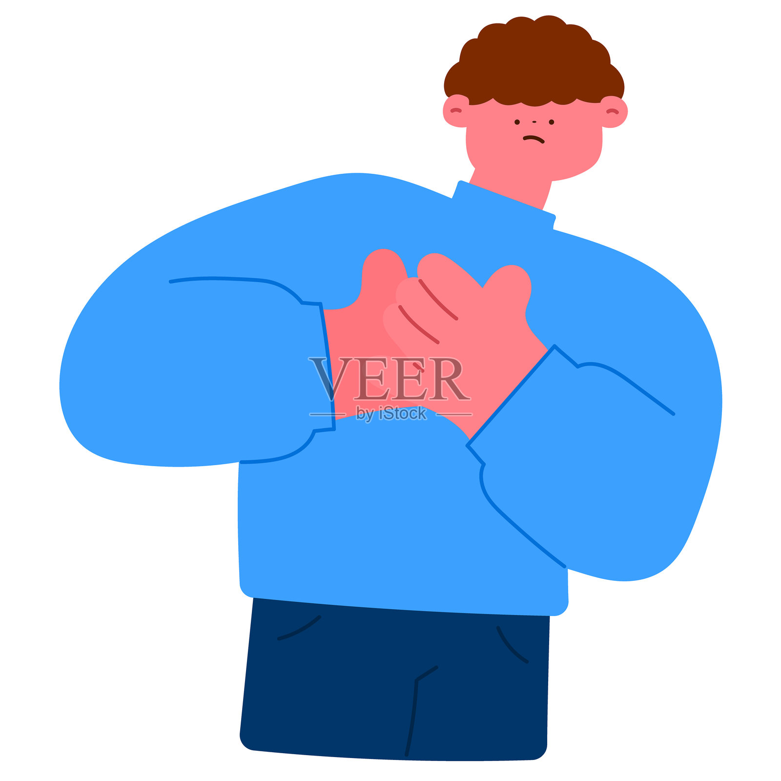 男子用痛苦的表情触摸胸部，表示心脏病发作或胸痛的扁平矢量插图插画图片素材