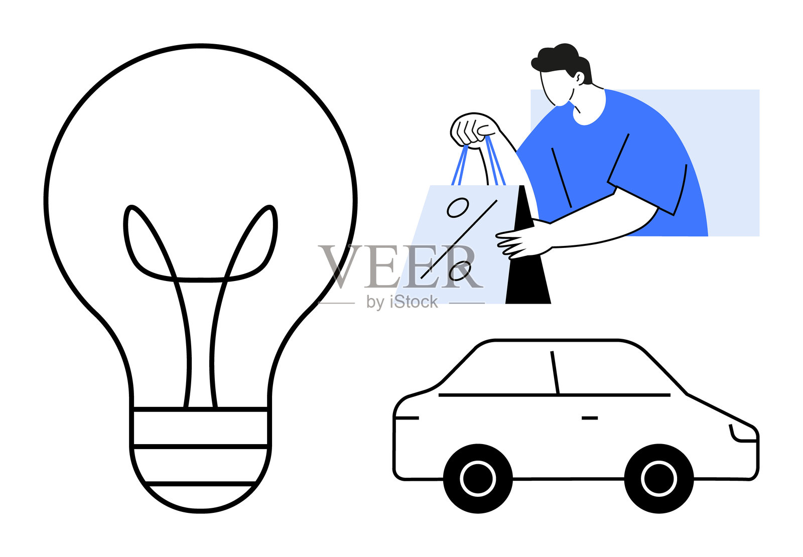 购物概念，带有灯泡，手持购物袋的男人和汽车轮廓插画图片素材