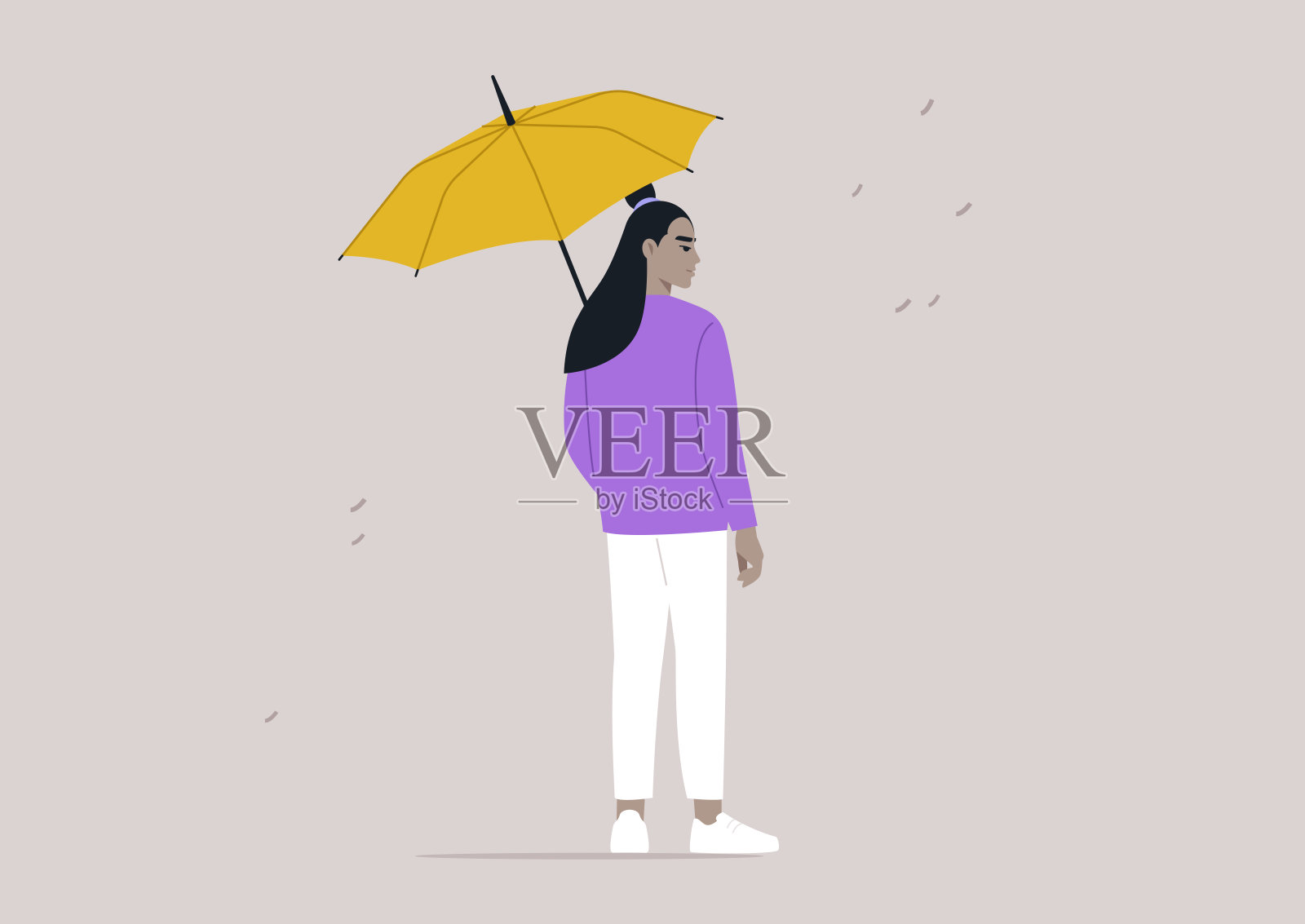 在宁静的城市环境中，一个人站在鲜艳的黄色雨伞下，周围雨滴纷纷落下，营造出在潮湿天气中安全的感觉。插画图片素材