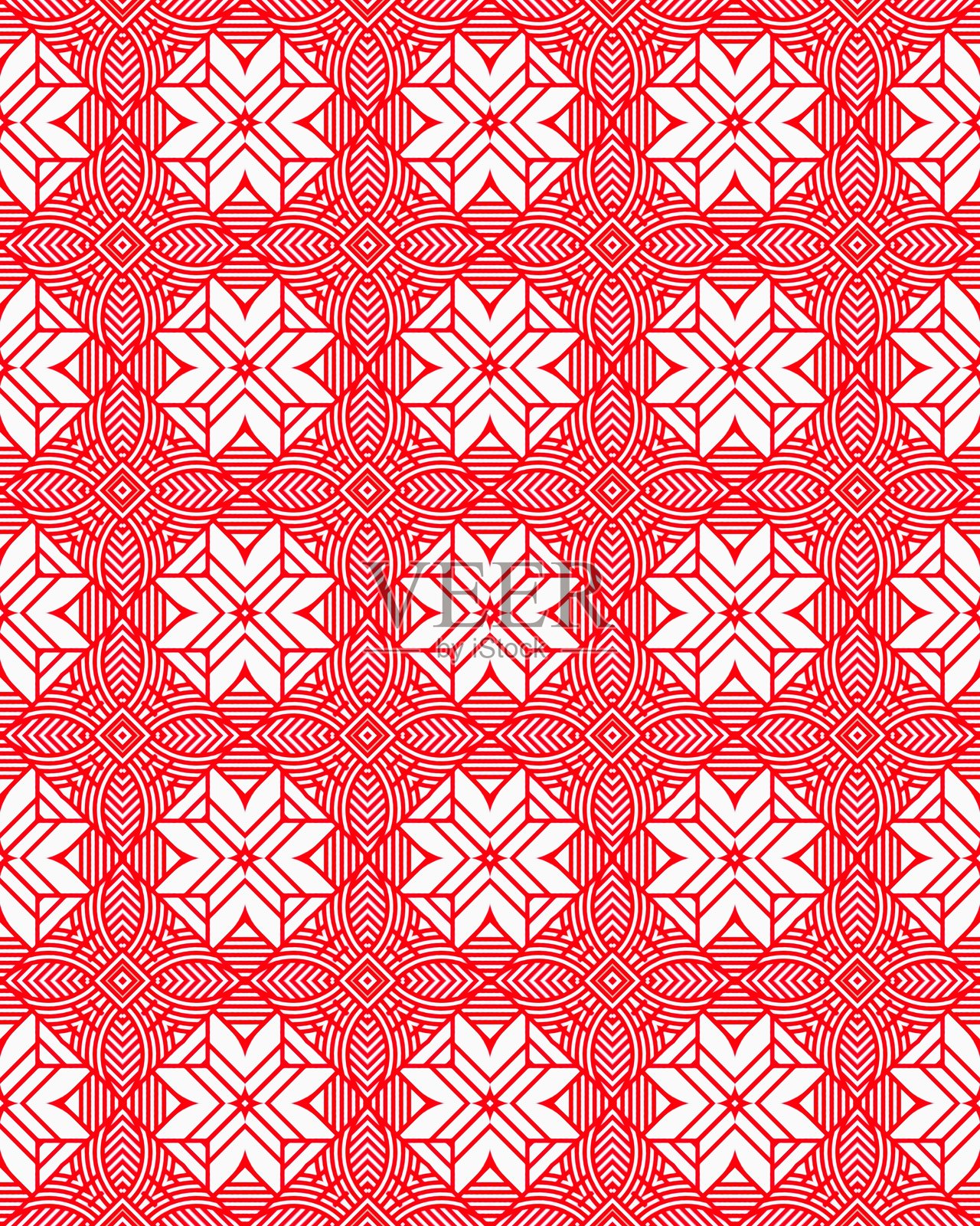 这幅艺术作品展示了一个重复的几何设计，采用鲜艳的红色和白色星星图案，形成了一个引人注目的视觉效果。插画图片素材