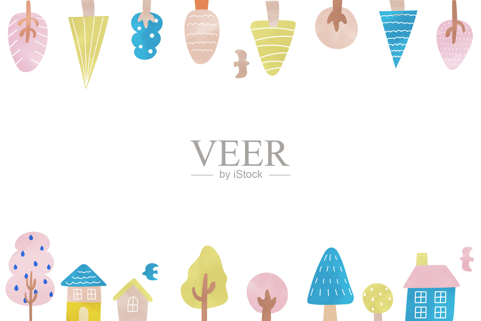 斯堪的纳维亚风格的树木和房屋横向背景，水彩，手绘，可爱插画图片素材