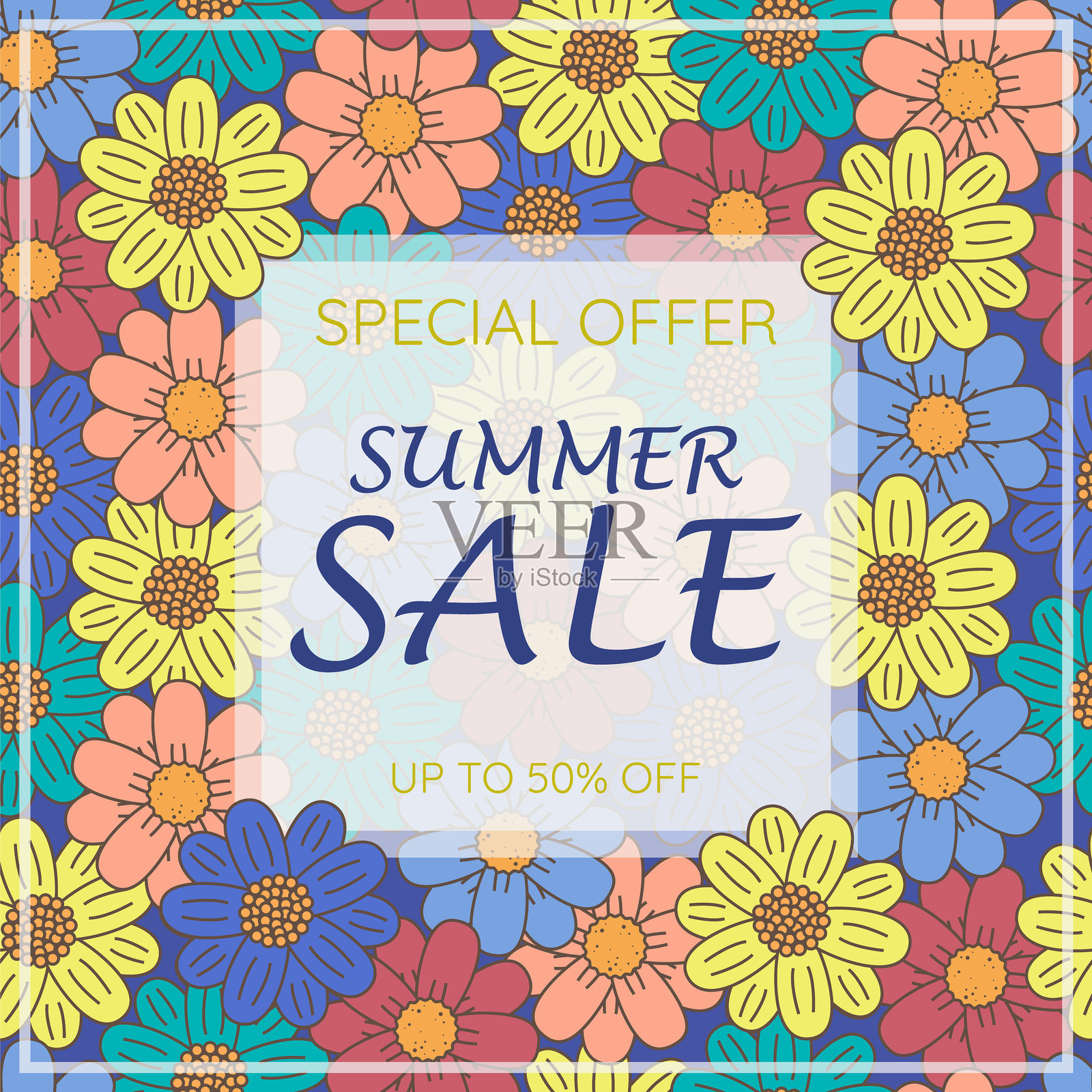 季节性促销横幅，带有叶子元素的折扣海报。炎热季节的折扣商业概念插画图片素材