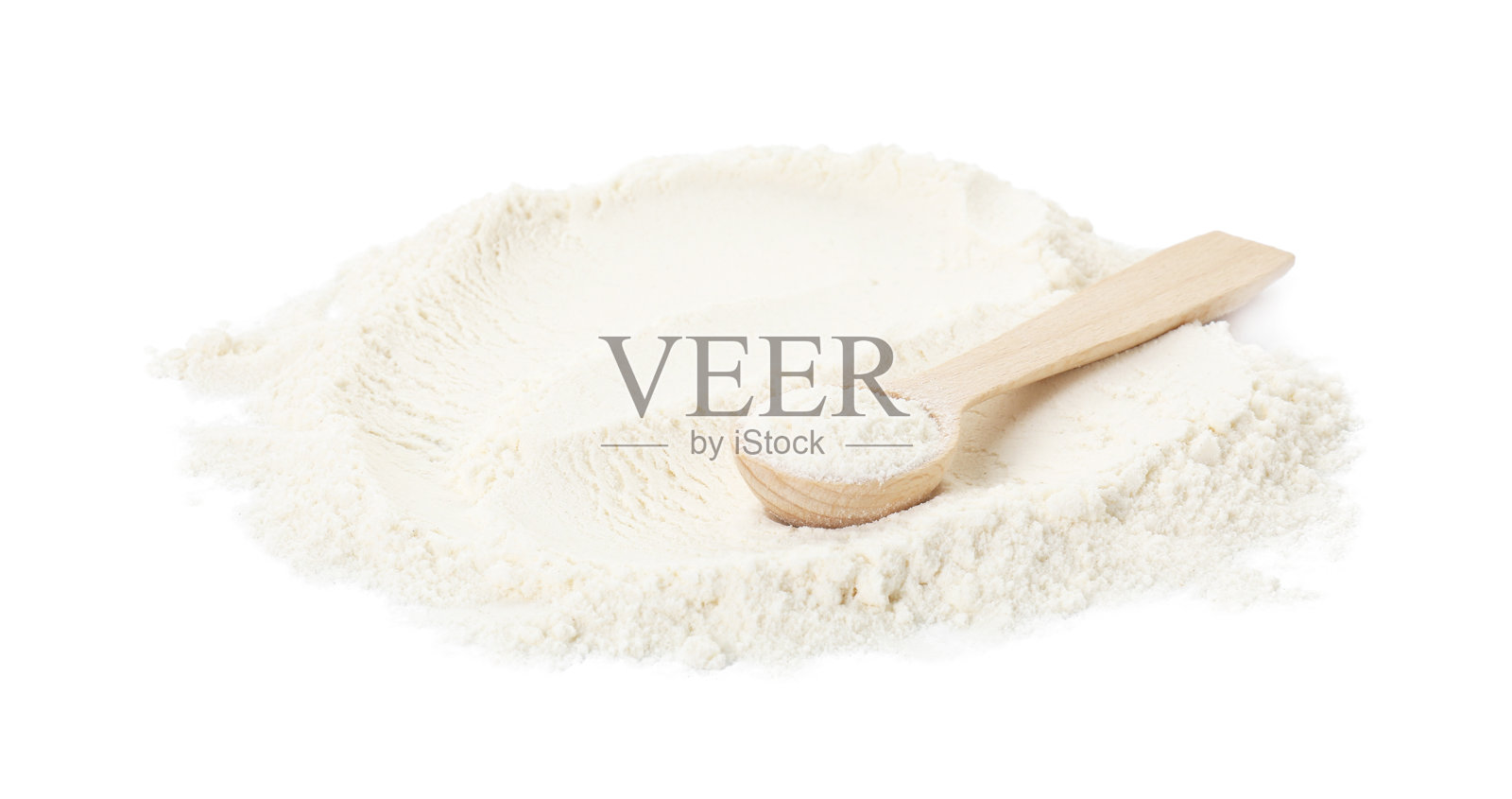 白色背景上的泡打粉和勺子照片摄影图片