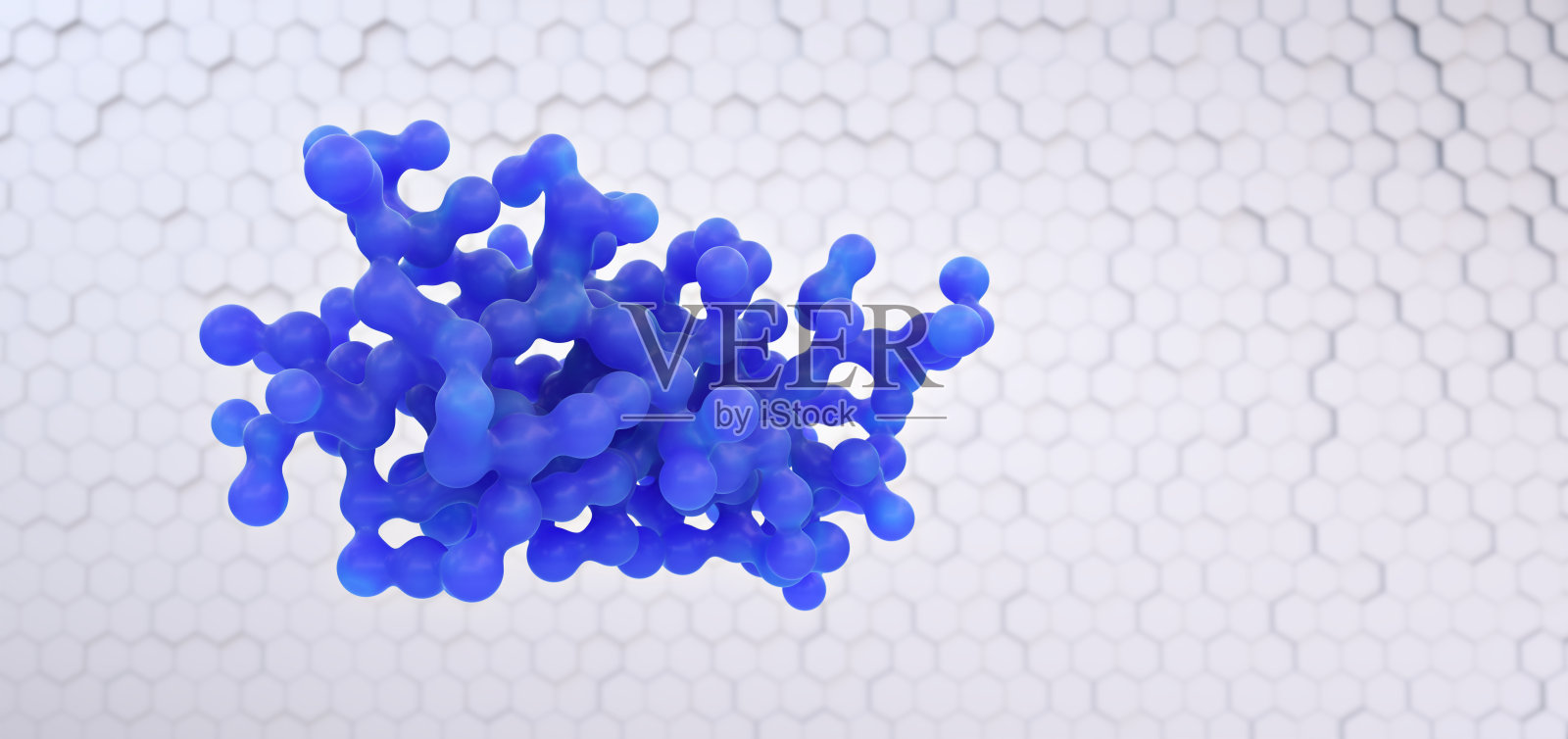 蓝色生物细胞结构，孤立在白色六边形背景上照片摄影图片