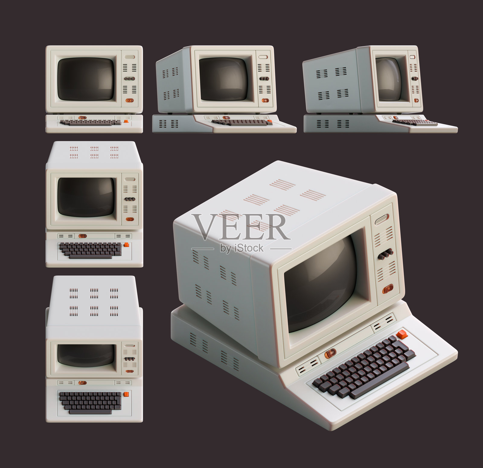 复古电脑的3D渲染。多个平面和等距视图的集合。照片摄影图片