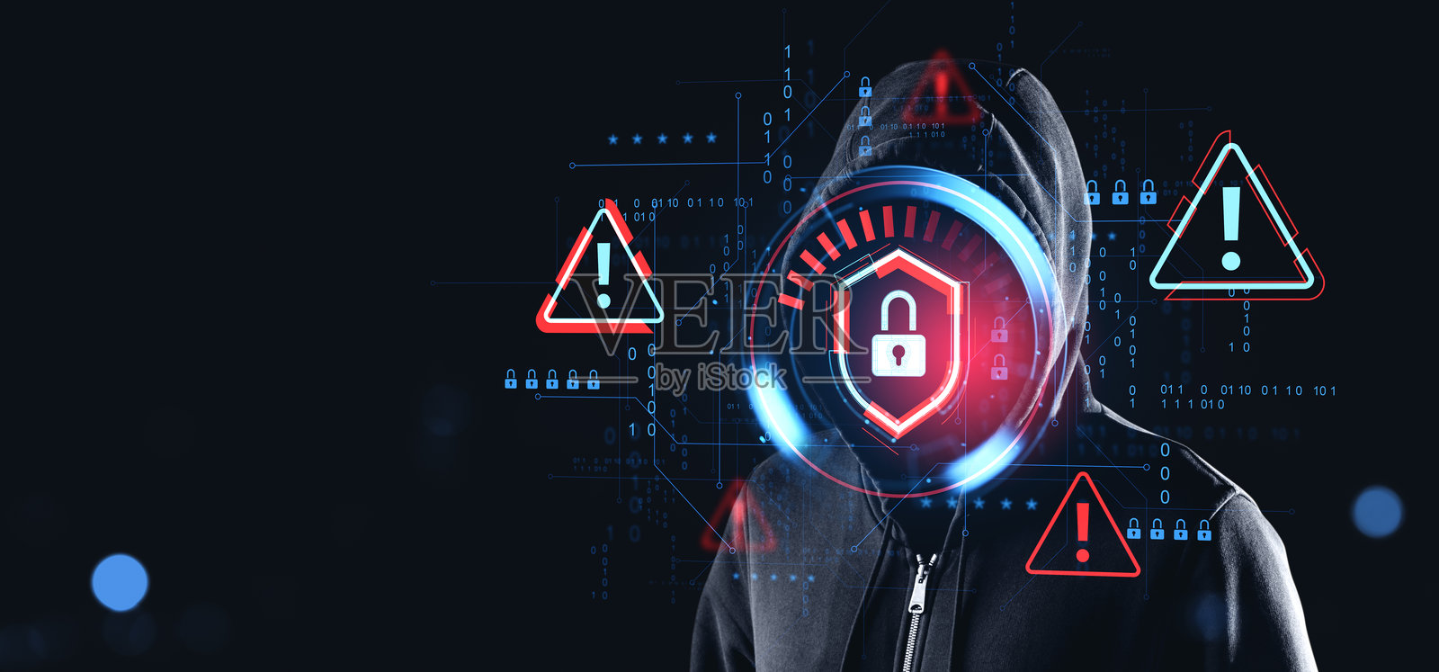 网络安全威胁概念，黑客与数字锁警告符号。照片摄影图片
