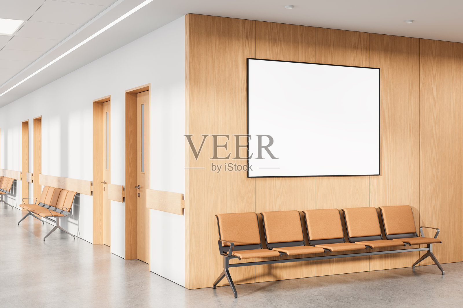 现代候诊室内木墙上的空白海报模型，配有空椅子和简洁的布局设计概念，适用于广告模板展示。3D渲染。照片摄影图片