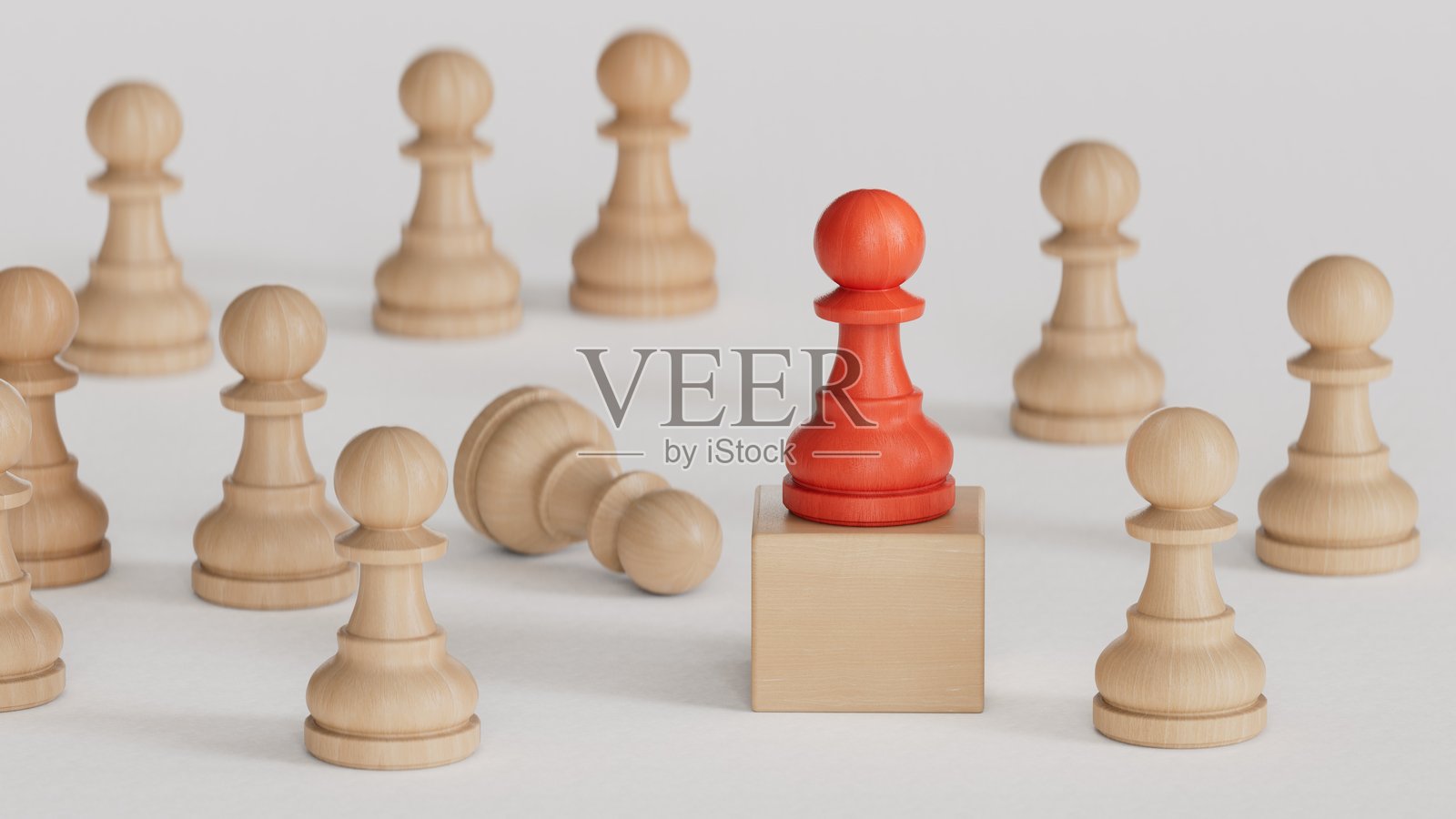 一个红色国王棋子站在棋盘上，旁边是倒下的国王棋子。商业竞争和市场策略规划概念的赢家。白色背景上的3D渲染。照片摄影图片