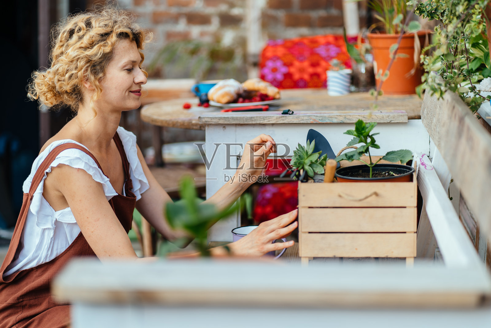 穿着工装的园丁在舒适的院子或露台上工作、清理和照顾植物。家庭主妇在砖墙上打理，营造一个温馨的空间。家庭园艺概念。照片摄影图片