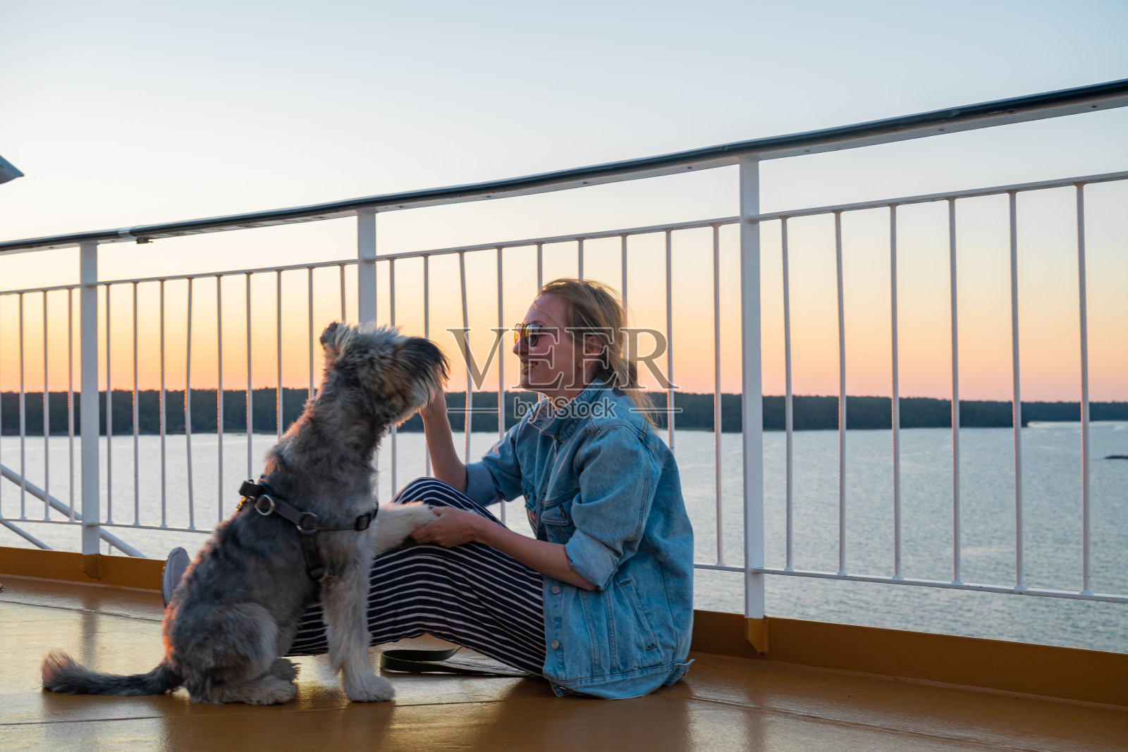 年轻女子坐在游轮的甲板上，身边有她的狗。照片摄影图片