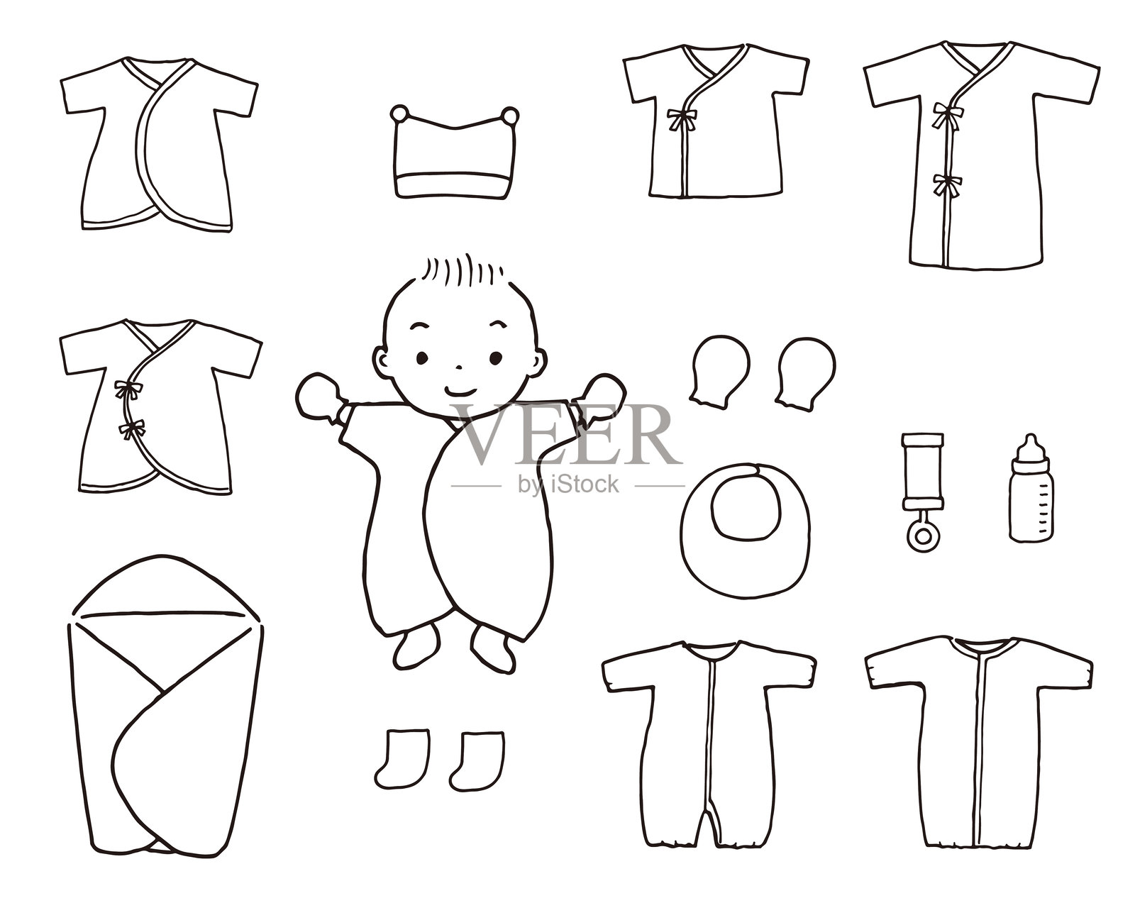 婴儿服装套装的钢笔画插画图片素材