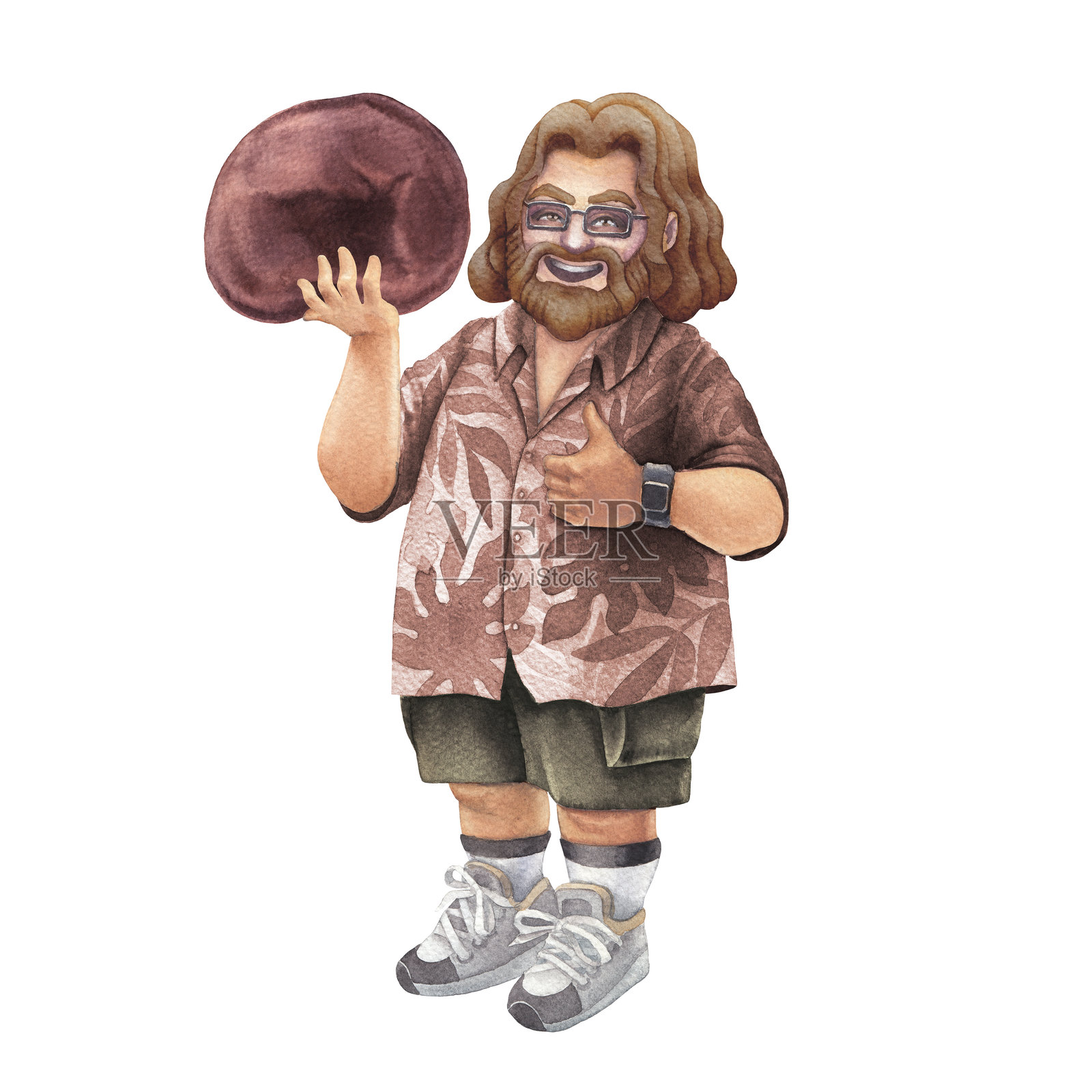 一个快乐的胡子男人穿着夏威夷衬衫，手里拿着木耳蘑菇，微笑并竖起大拇指。插画图片素材