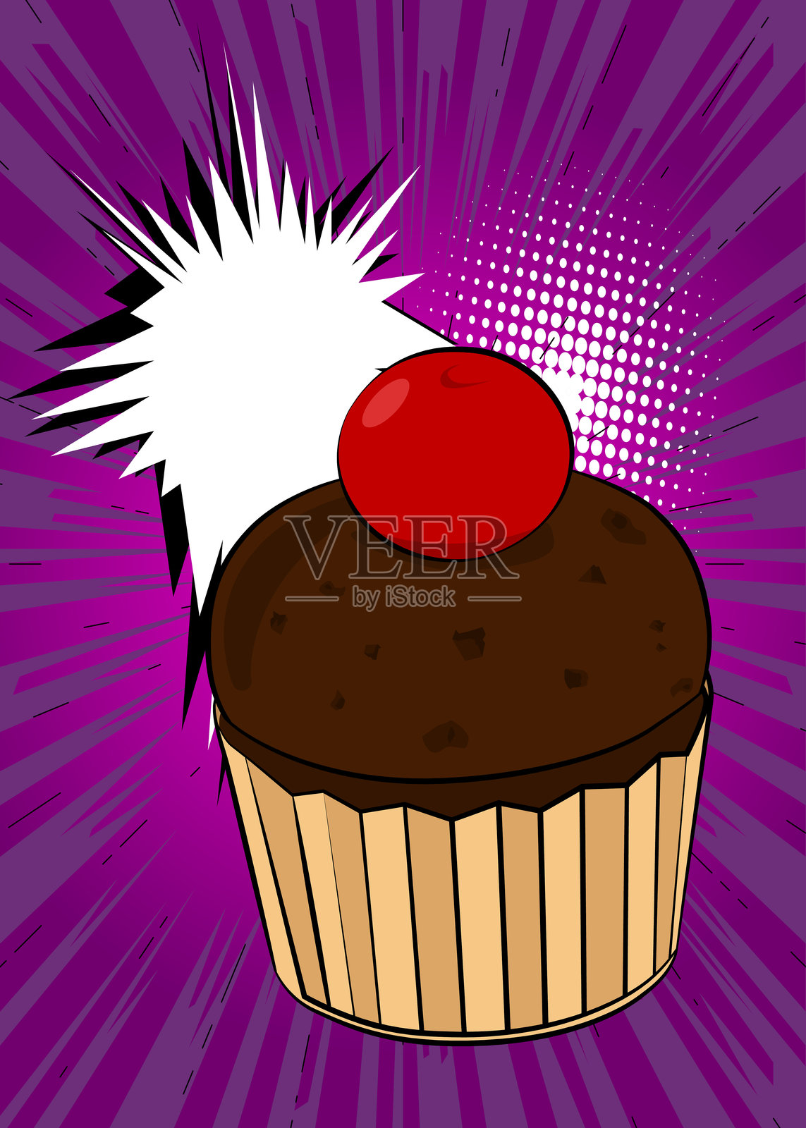 卡通杯子蛋糕与空白对话气泡，漫画书风格的松饼背景。复古矢量漫画波普艺术设计。插画图片素材