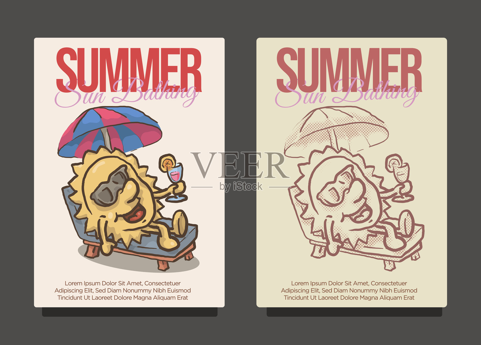 微笑的阳光搞怪吉祥物戴着眼镜，躺在日光浴床上享受清凉饮品，体现夏日日光浴的概念。复古风格的阳光卡通吉祥物矢量插图。插画图片素材