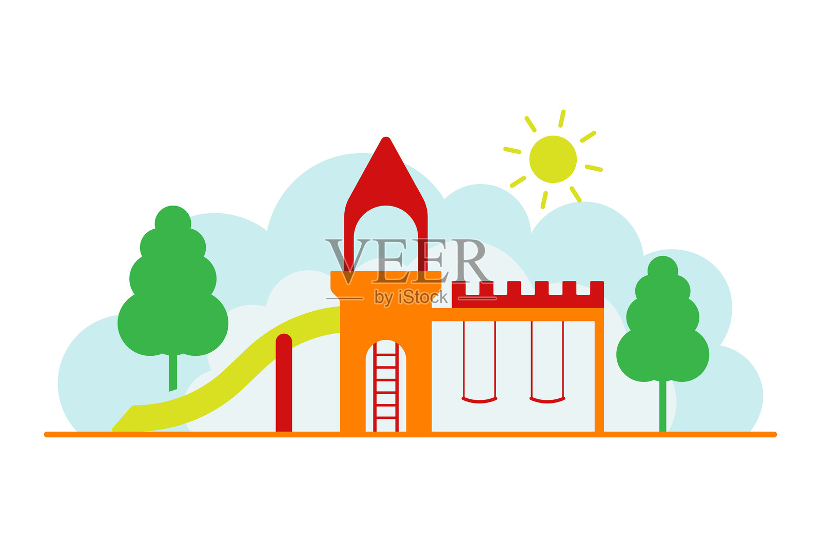 儿童游乐场。彩色剪影。正面视图。矢量简单平面图形插图。白色背景上的孤立物体。孤立。插画图片素材