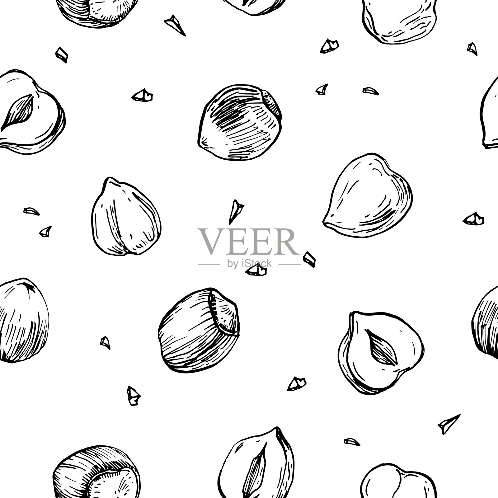手绘榛子无缝图案，使用墨水绘制。完整和切开的榛子仁以及带壳的榛子。标签设计模板。插画图片素材