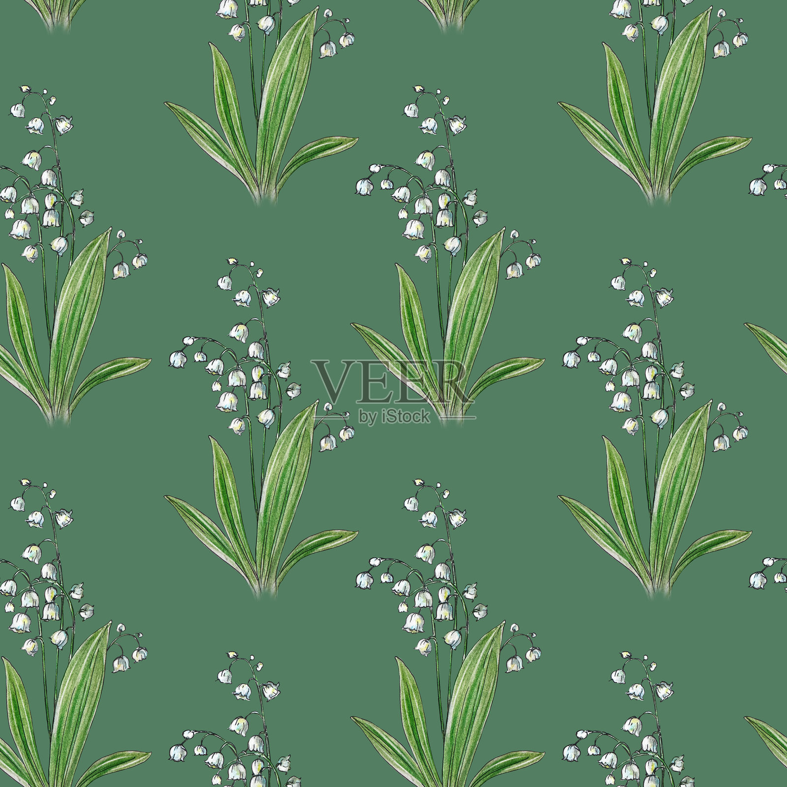 铃兰背景。铃兰无缝图案。手绘花卉无缝背景。绿色叶子和花朵的时尚图形。铃兰无缝印刷。适用于壁纸、包装纸和婚礼设计的花卉图案。插画图片素材