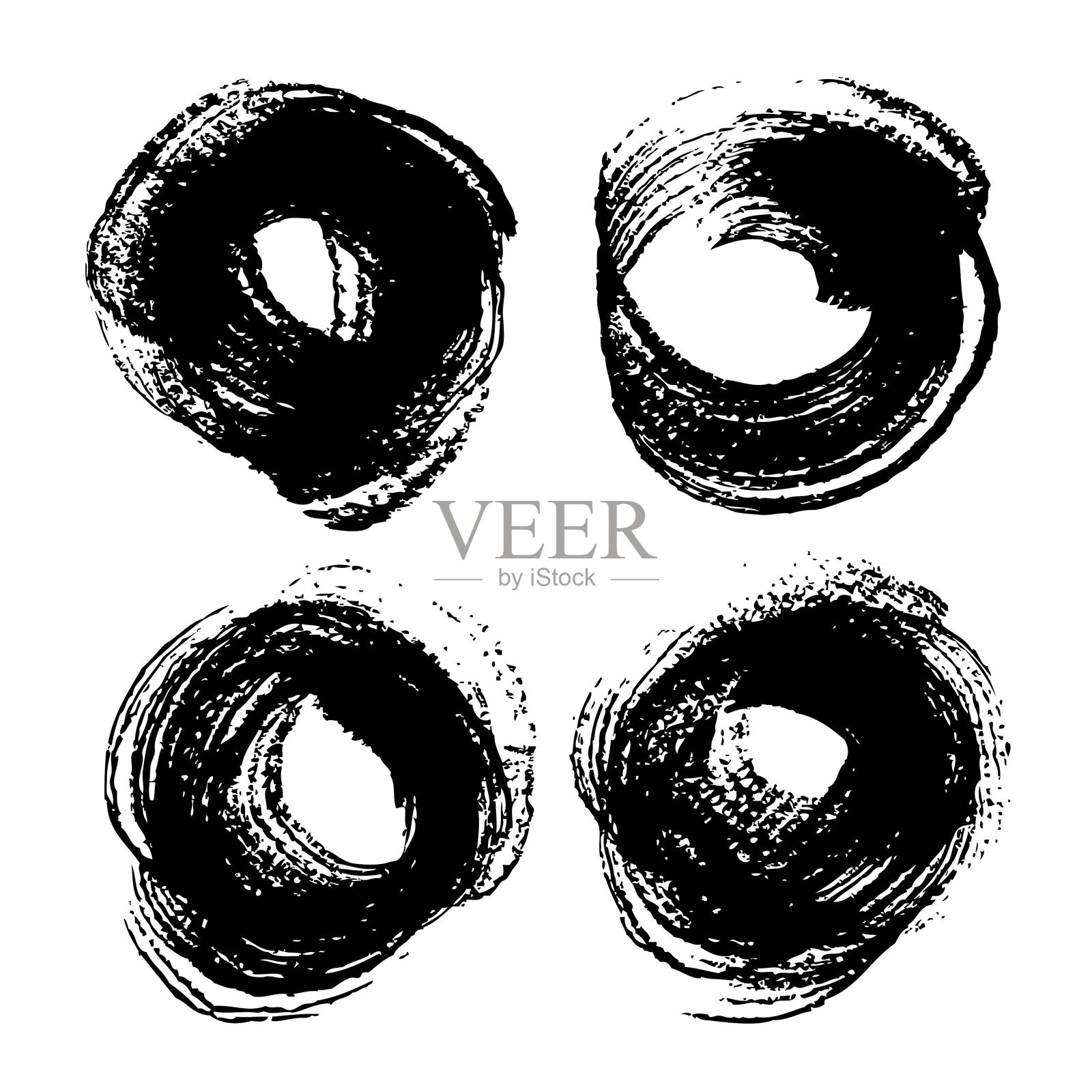 抽象黑色圆形油漆笔触集，独立于白色背景上插画图片素材