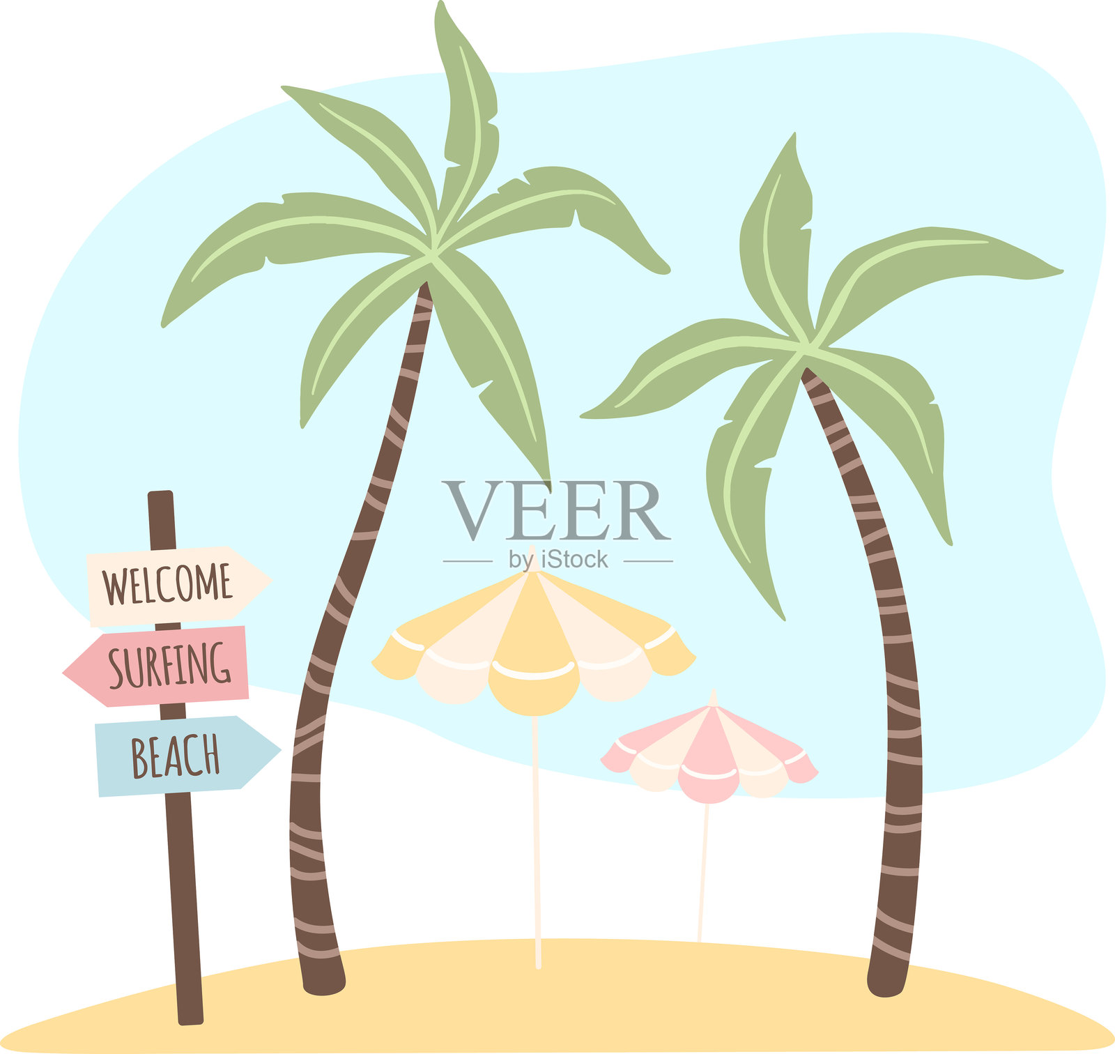 手绘矢量剪贴画，描绘了棕榈树和海滩伞，独立展示。夏季假期插图。插画图片素材