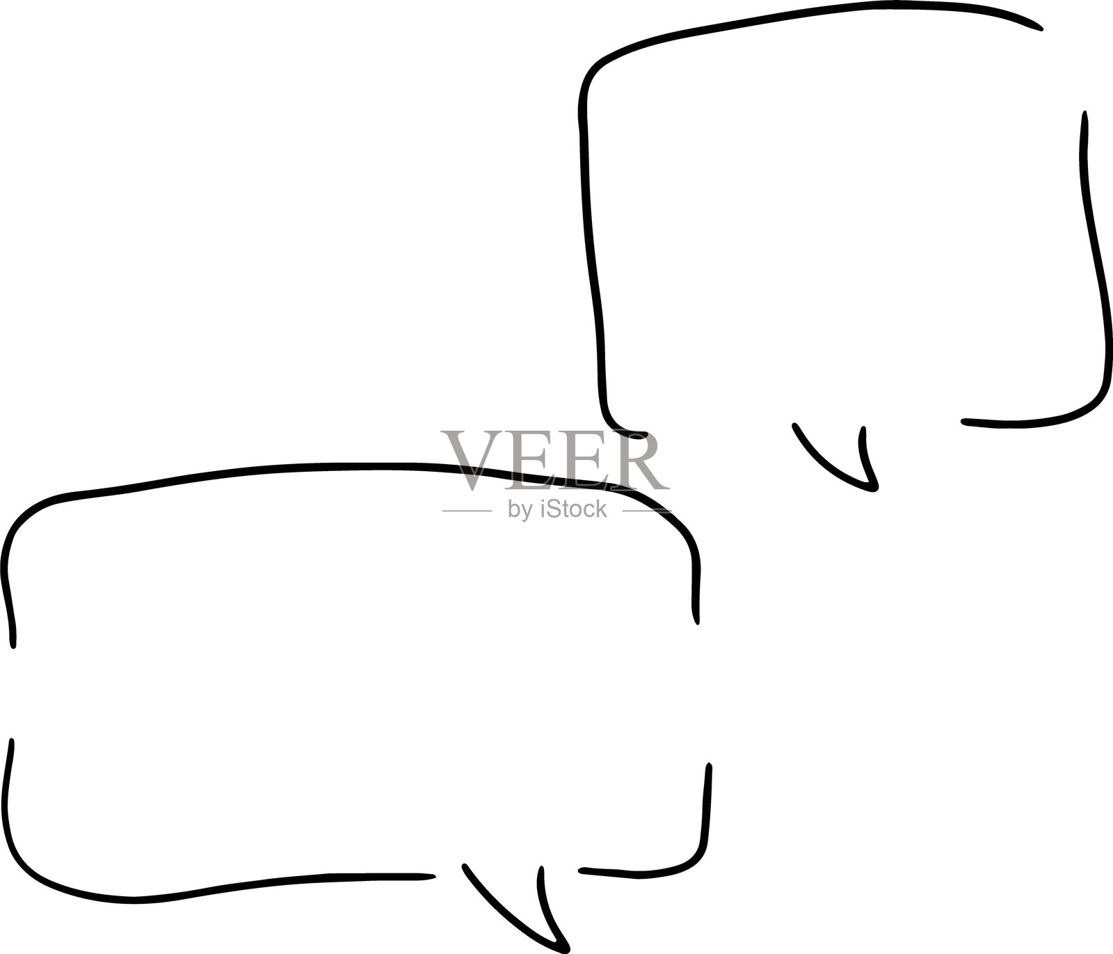 两个空的对话气泡，轮廓破损，用黑色曲线手绘而成插画图片素材