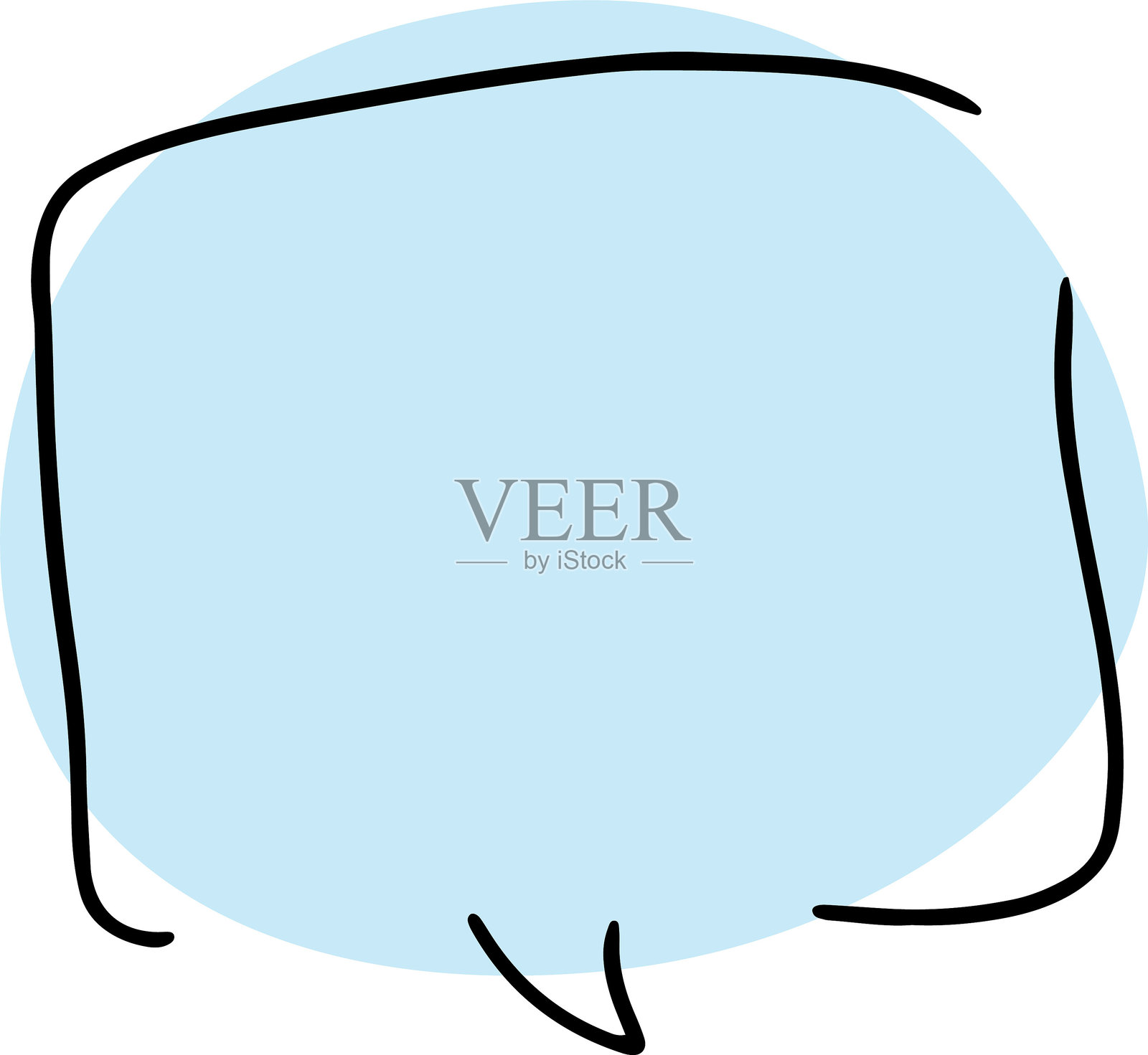 手绘的方形对话气泡，黑色破碎轮廓，黑色弯曲线条，背景为圆形蓝色。插画图片素材