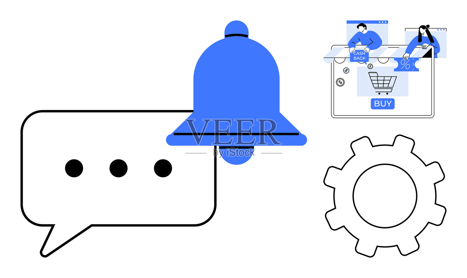 社交媒体沟通通知、在线购物和设置齿轮图标插画图片素材