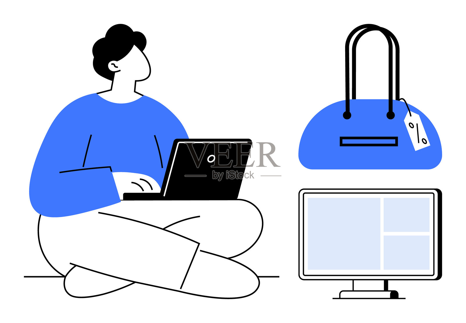 在线购物概念，人物在浏览笔记本电脑，手提包带有标签，显示器展示商店布局插画图片素材