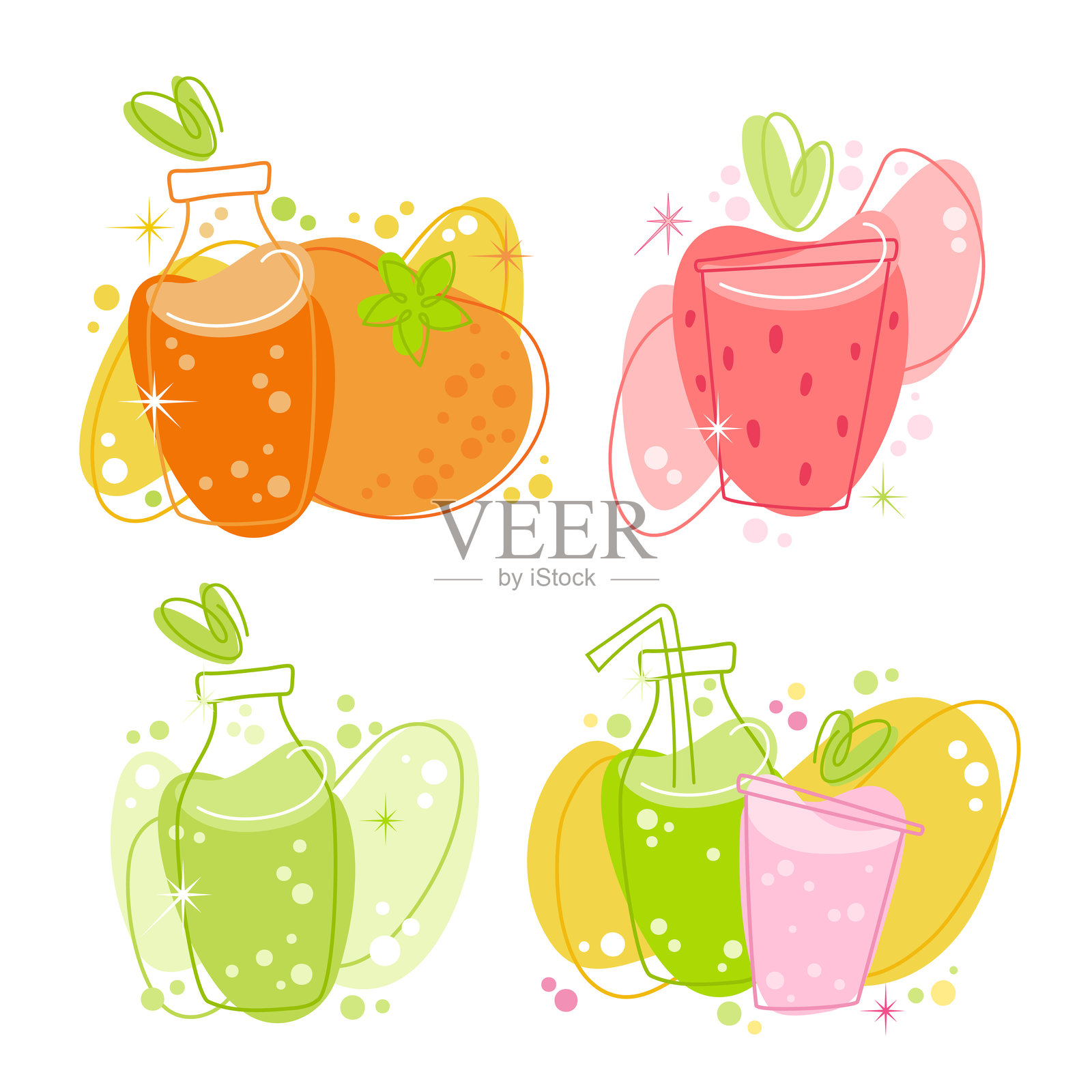 复古风格的新鲜水果饮料插图。装饰元素包括奇幻的气泡和水果图案。色彩方案采用鲜艳的果汁色彩，传达出愉悦和快乐的夏日氛围。插画图片素材