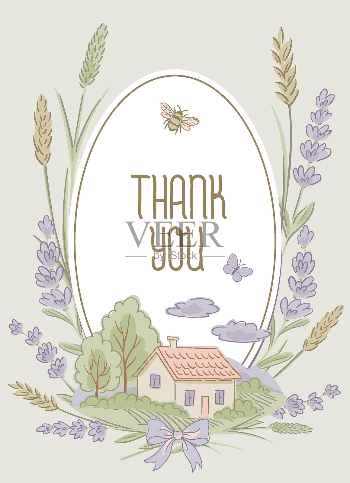 复古花卉向日葵问候卡，乡村风格中性色调，薰衣草和玫瑰花插画图片素材