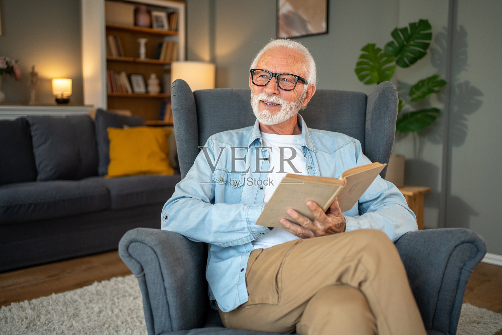 老年男子在家中舒适地坐在扶手椅上阅读一本书照片摄影图片