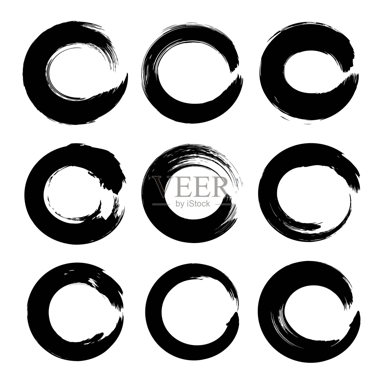 圆形纹理墨水笔触集，独立于白色背景上插画图片素材