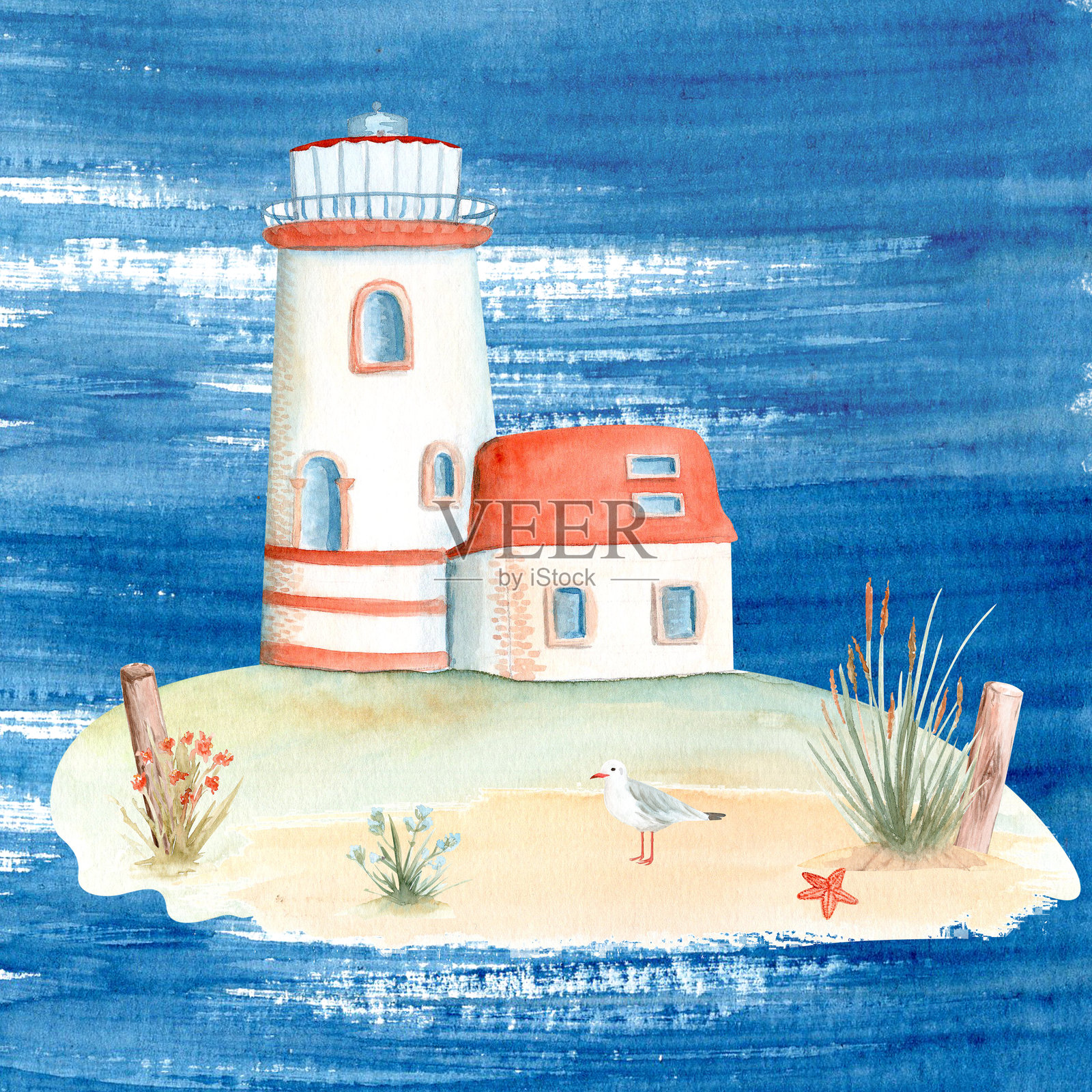 白色背景上的水彩插图灯塔。手绘剪贴画，适合用于卡片、横幅、广告、海报、指南装饰和设计。旅游、旅行、航行设计。白色和红色。插画图片素材