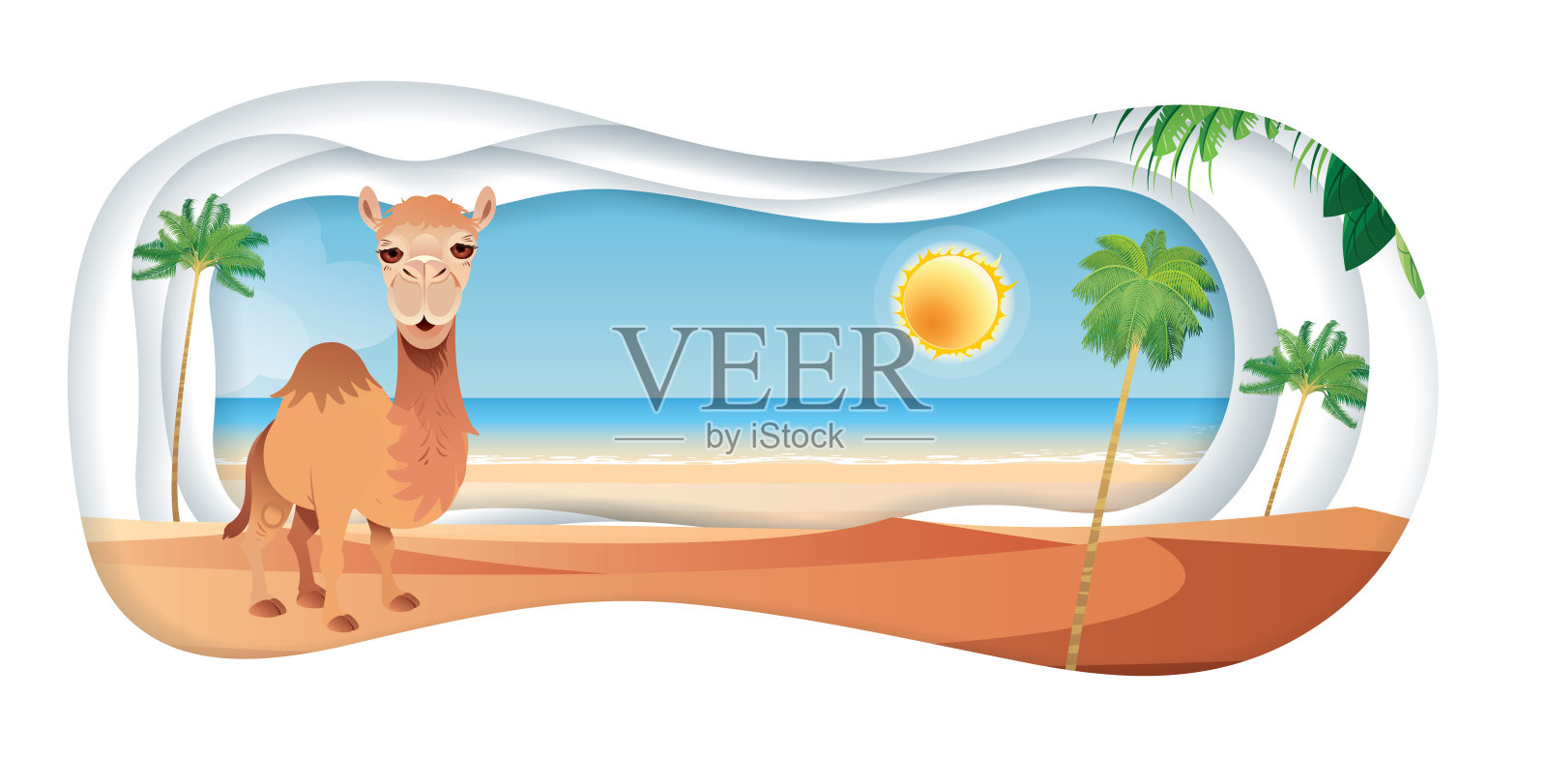 沙漠中的骆驼剪纸场景插画图片素材