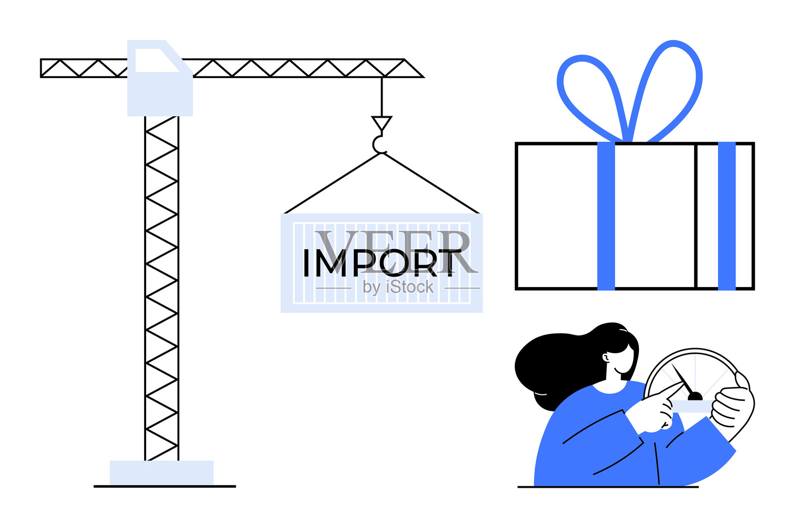 货运集装箱与起重机、礼品盒和驾驶卡车的女性，适用于进出口主题插画图片素材