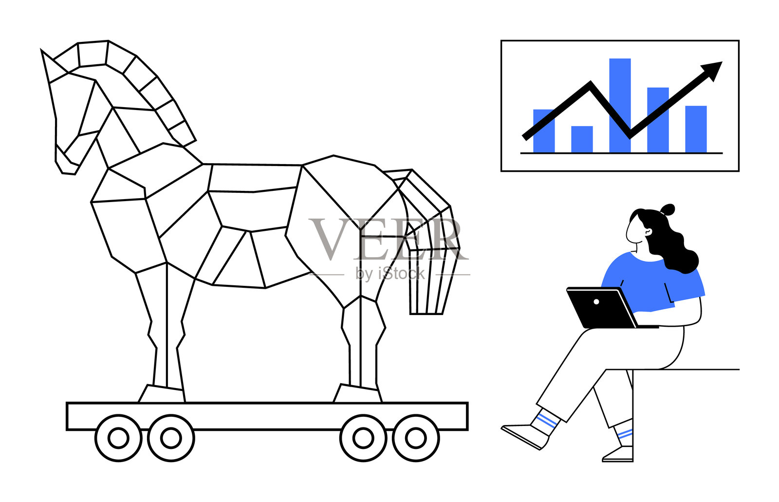 旁边有几何特征的特洛伊木马和增长图表的女性与笔记本电脑插画图片素材