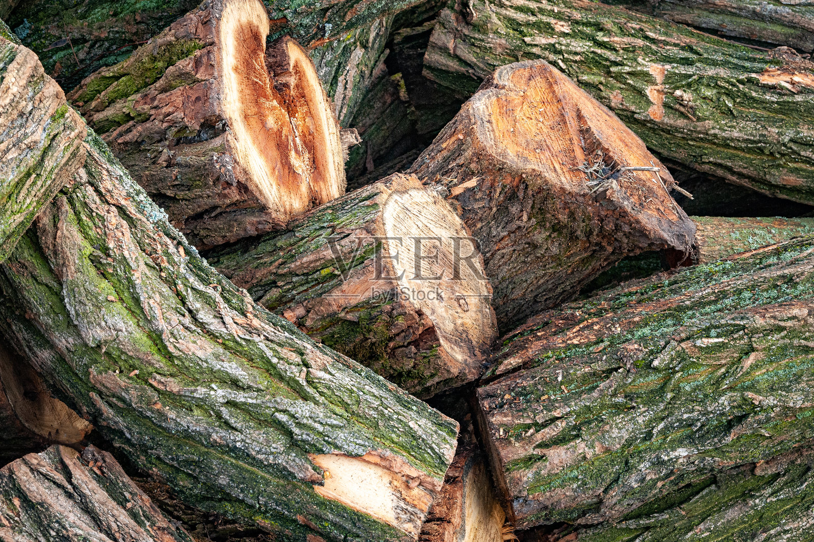 木柴堆。切割木材的特写镜头。堆放的木柴。准备好生火的切割木材堆，选择性对焦。木柴的背景。照片摄影图片