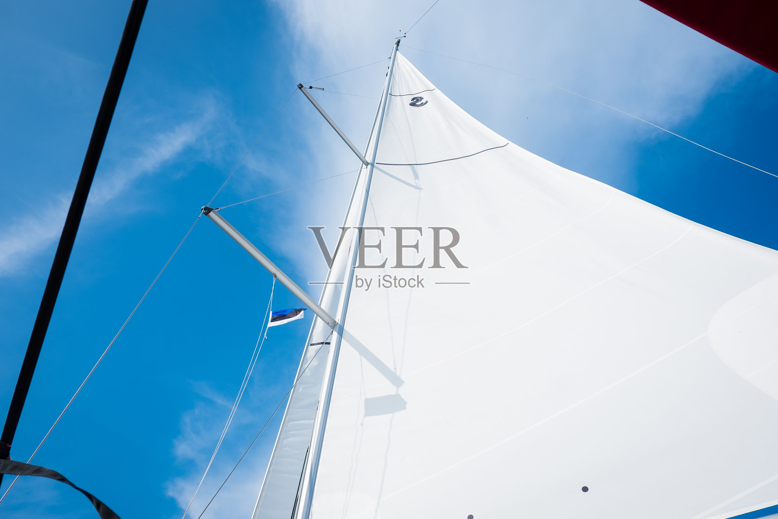 在阳光下，爱沙尼亚国旗在帆船上随风飘扬。照片摄影图片