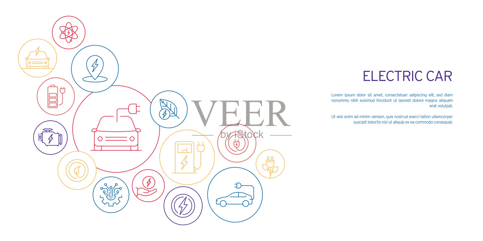 电动汽车相关的矢量插图。电力、充电、可持续性、零排放、电池、电动车。插画图片素材