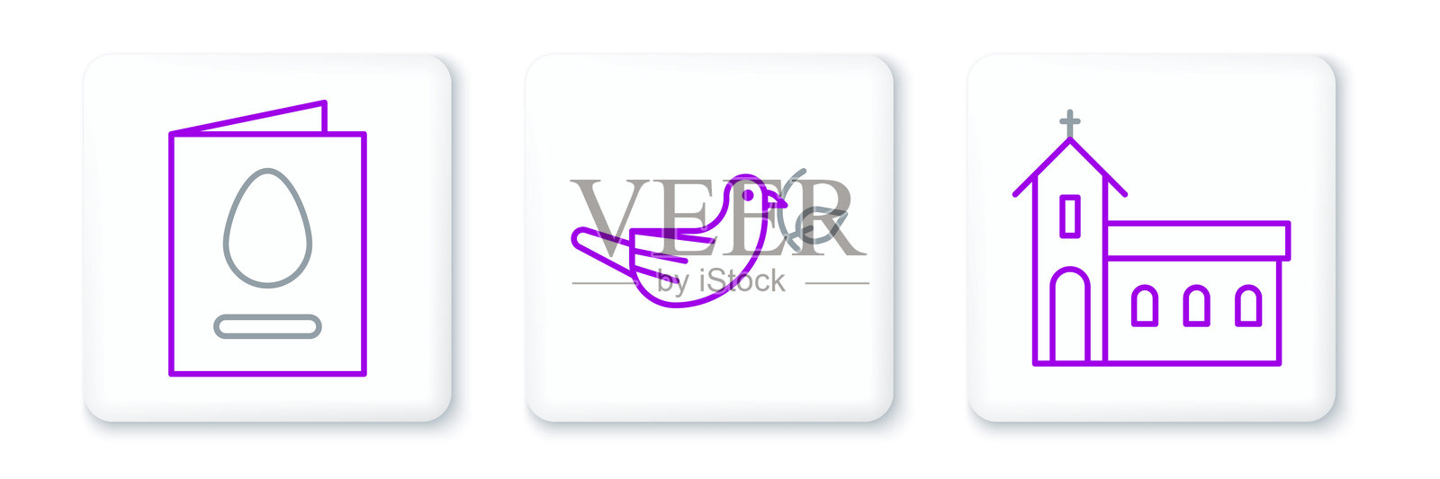 教堂建筑线条图，带有“复活节快乐”和和平鸽橄榄枝图标的贺卡。矢量图。插画图片素材