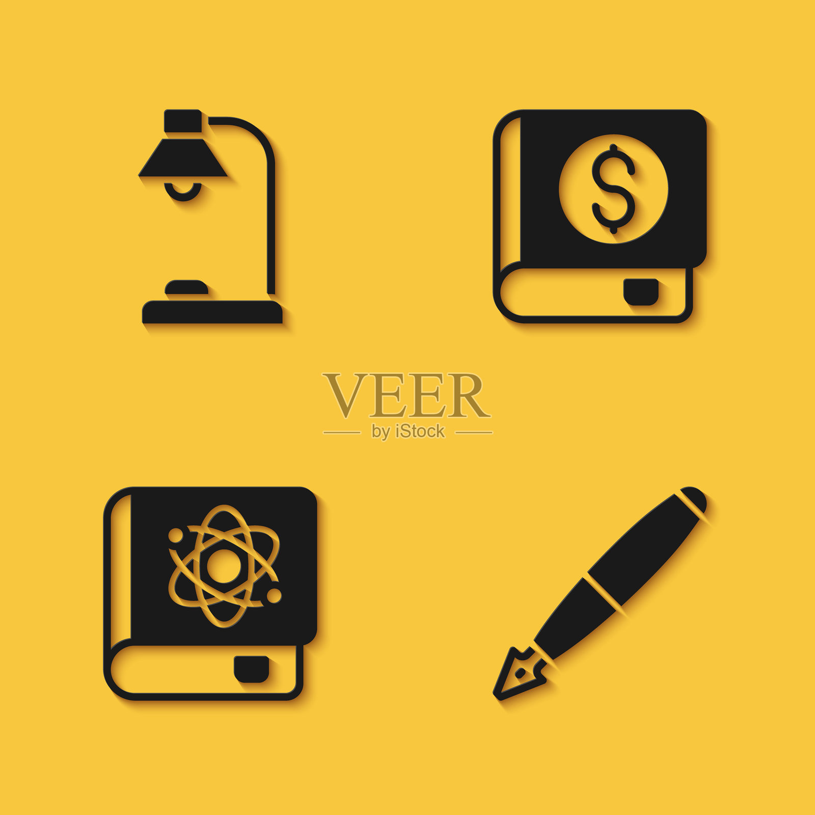 台灯、钢笔笔尖、一本关于物理的书和一本金融书籍图标，带有长阴影效果。矢量图。插画图片素材