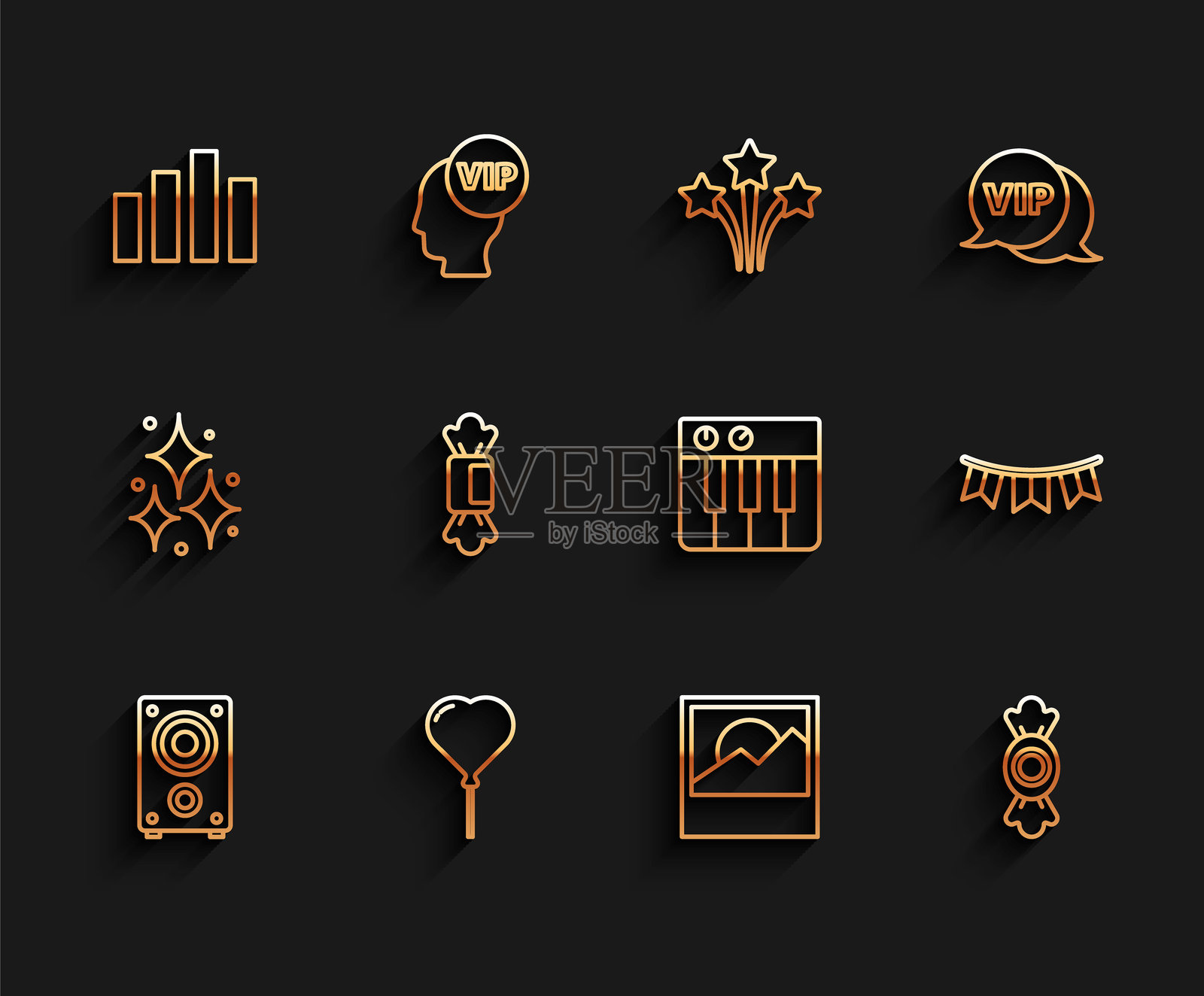 立体声扬声器，心形气球，音乐均衡器，照片，糖果，带旗帜的嘉年华花环和合成器图标。矢量图插画图片素材